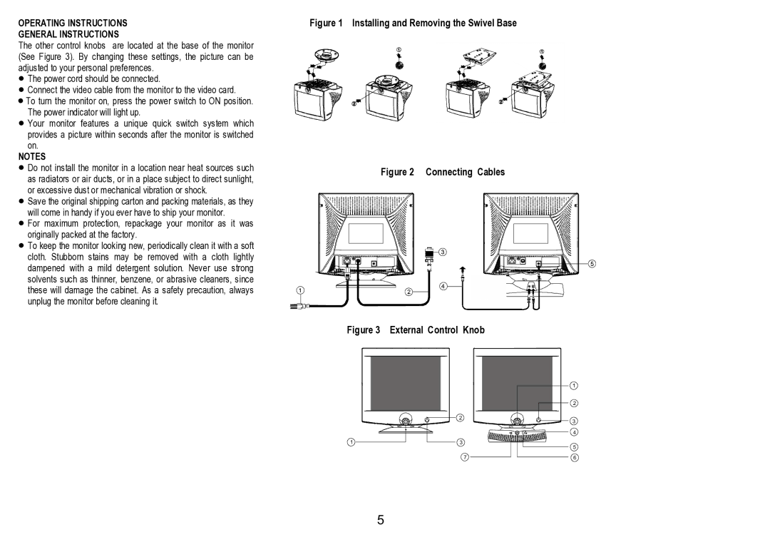 AOC CT700G Cont, Operating Instructions, General Instructions, Or excessive dust or mechanical vibration or shock 