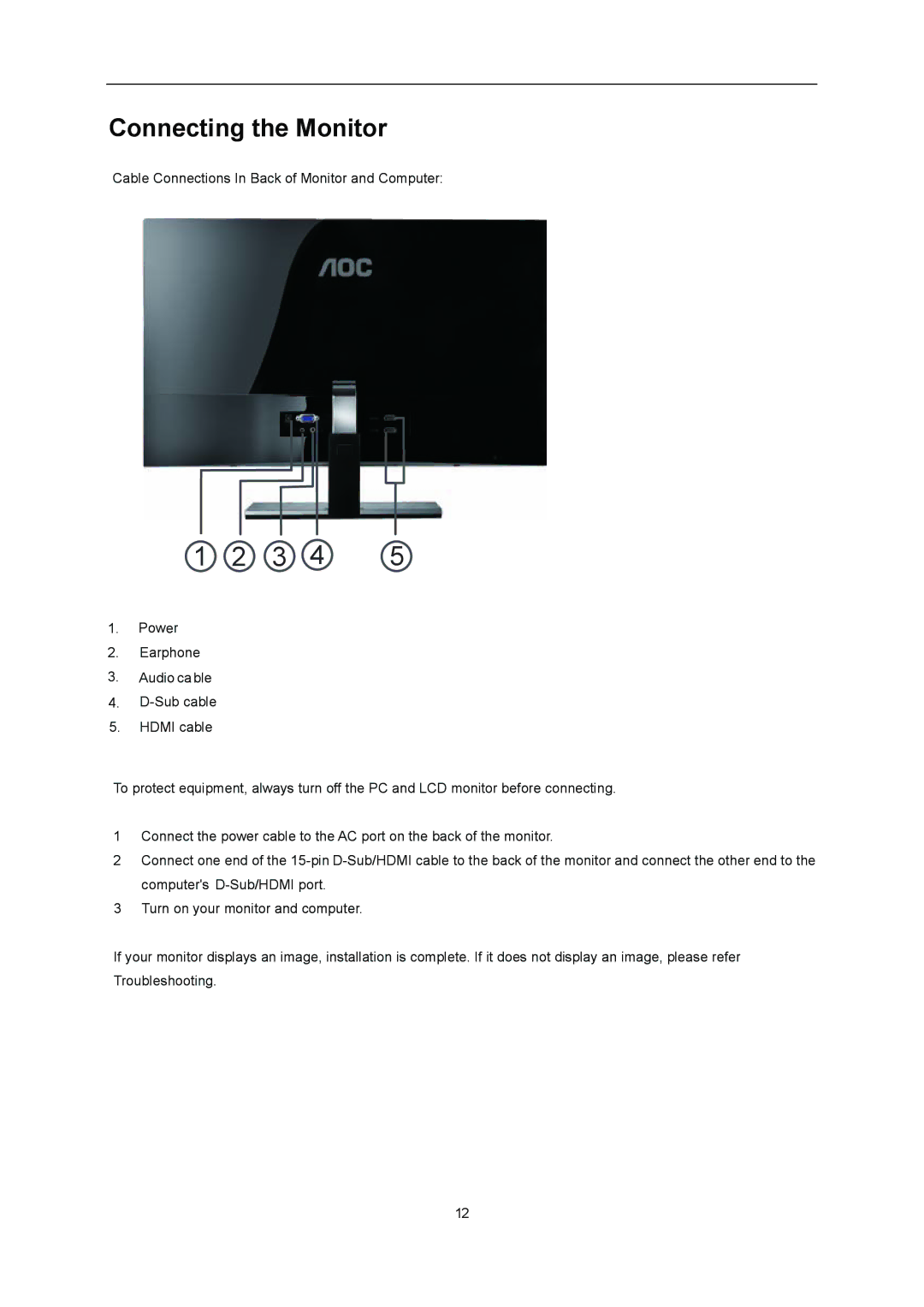 AOC D2357PH user manual Connecting the Monitor 