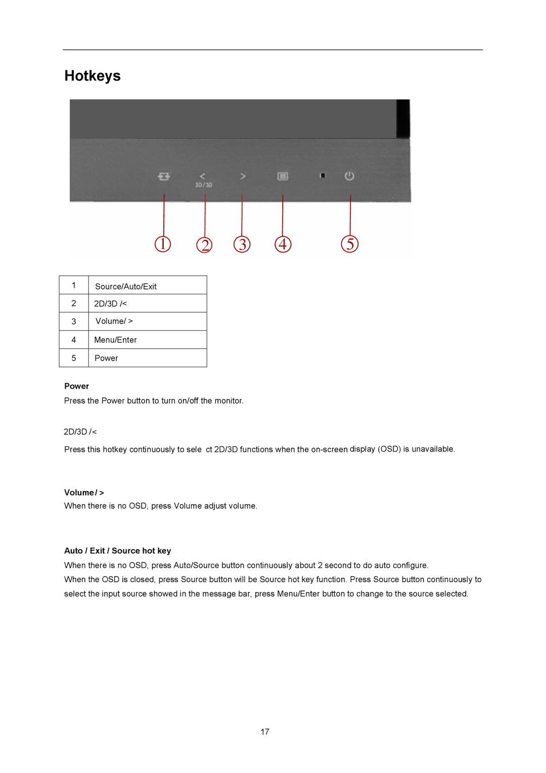 AOC D2357PH user manual Hotkeys, Power 