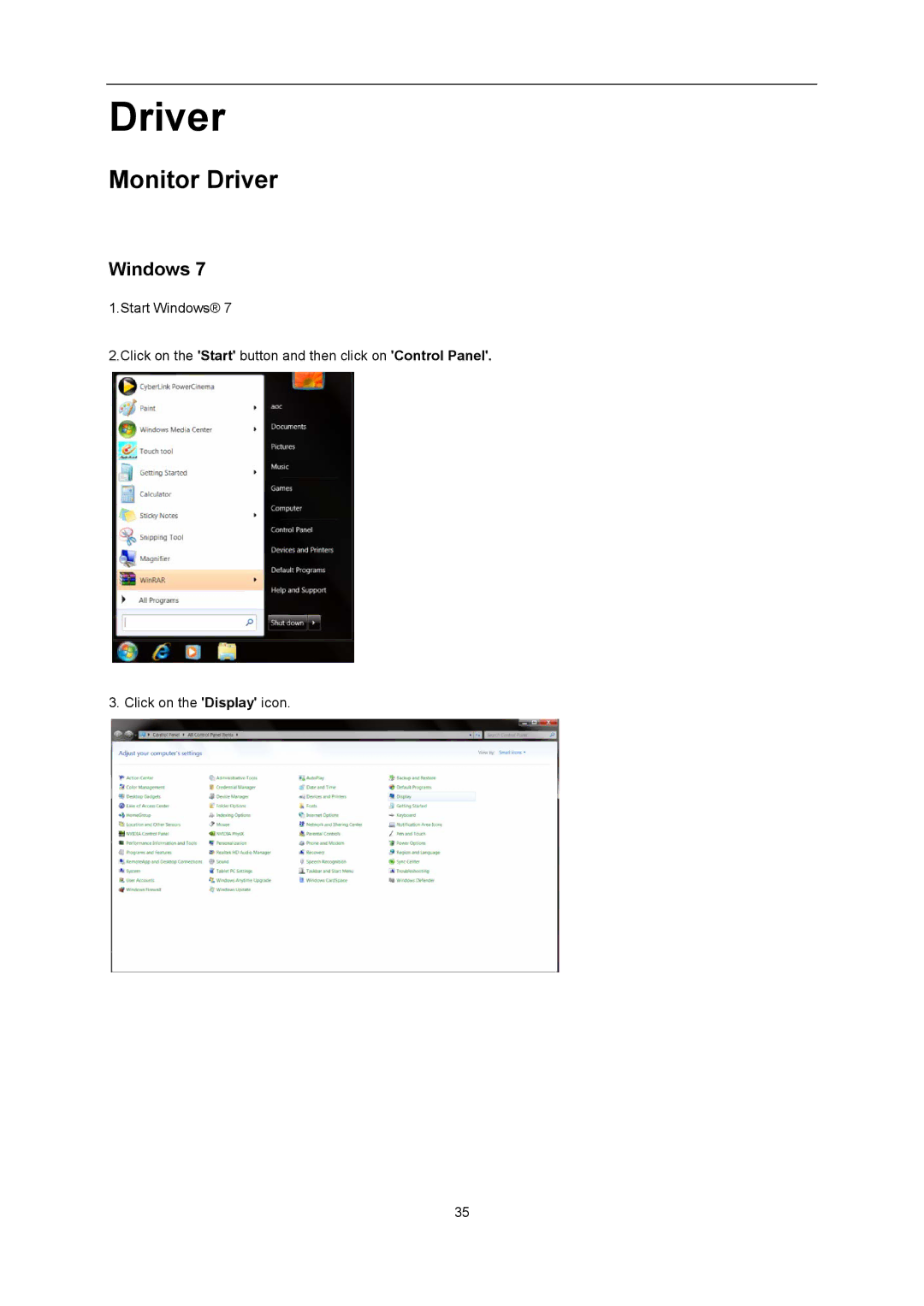 AOC D2357PH user manual Monitor Driver, Windows 