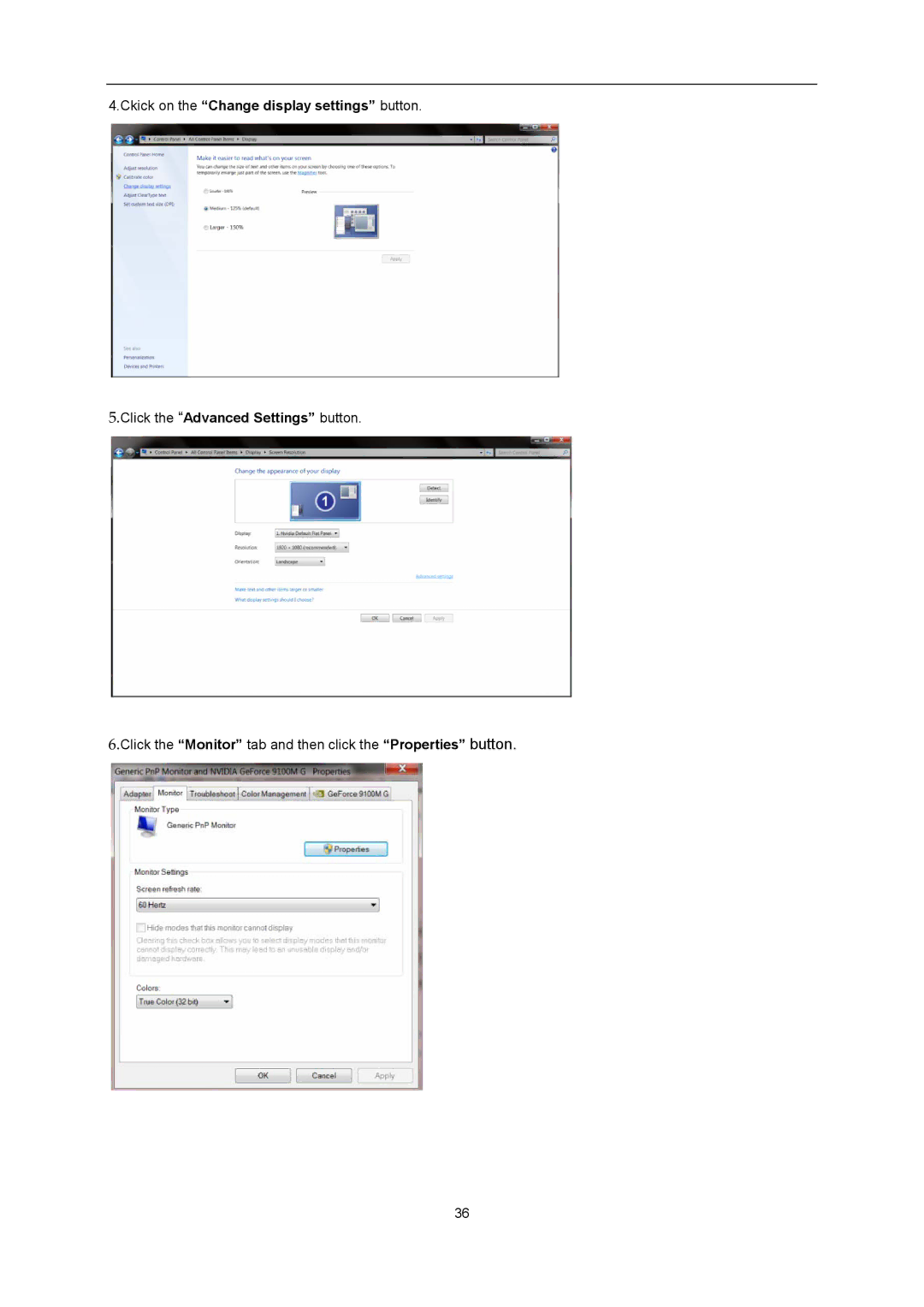 AOC D2357PH user manual Click the Monitor tab and then click the Properties button 