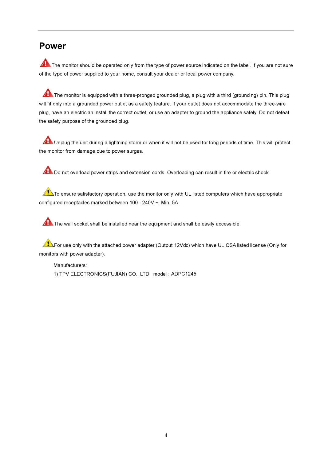 AOC D2357PH user manual Power 