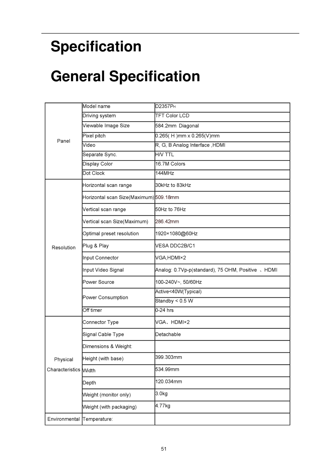 AOC D2357PH user manual Specification General Specification, Ttl 