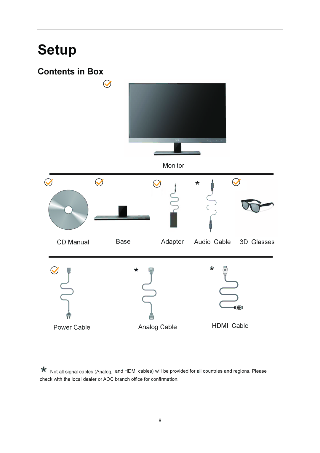 AOC D2357PH user manual Setup, Contents in Box 