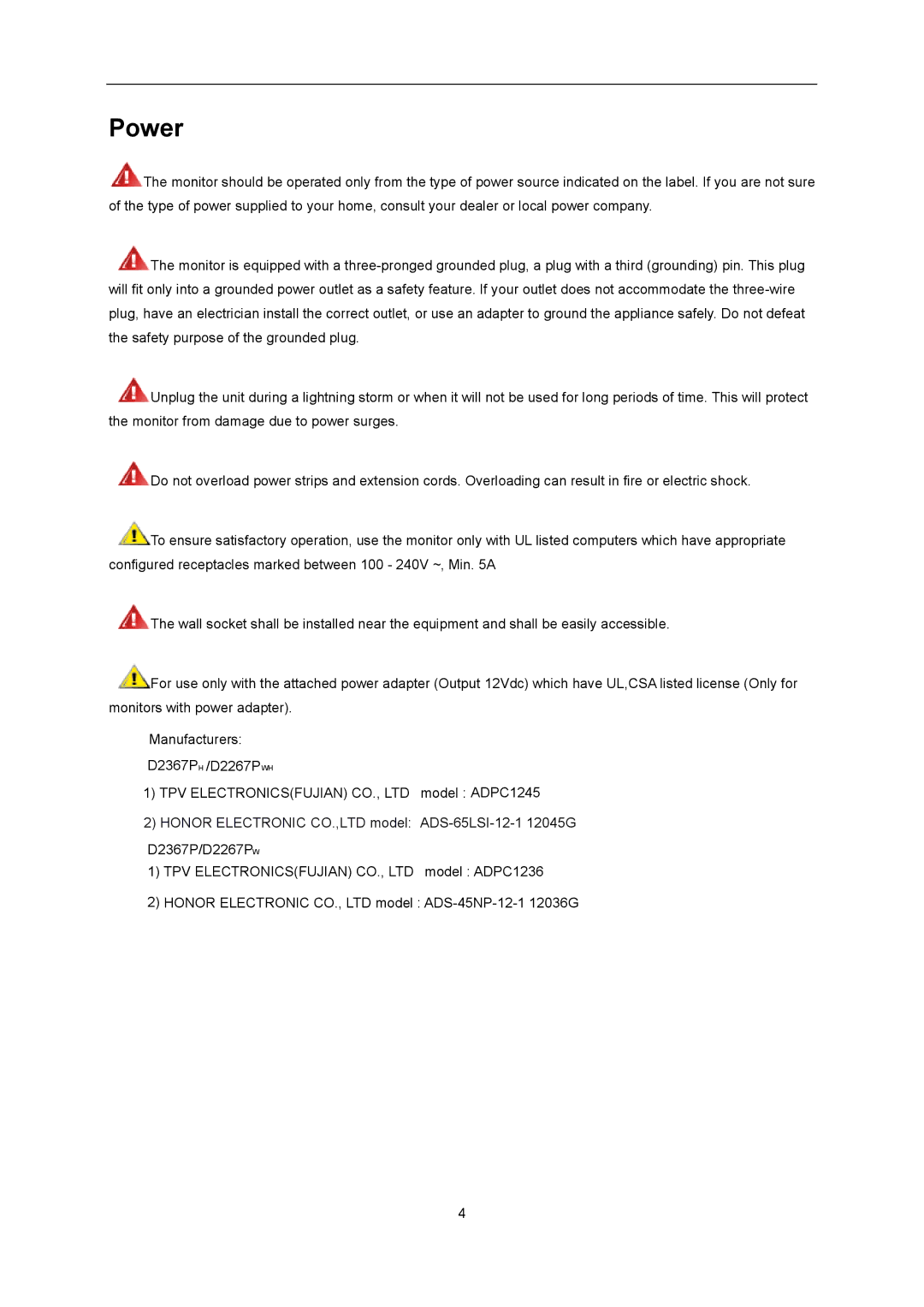 AOC D2367P, D2267PWH user manual Power 