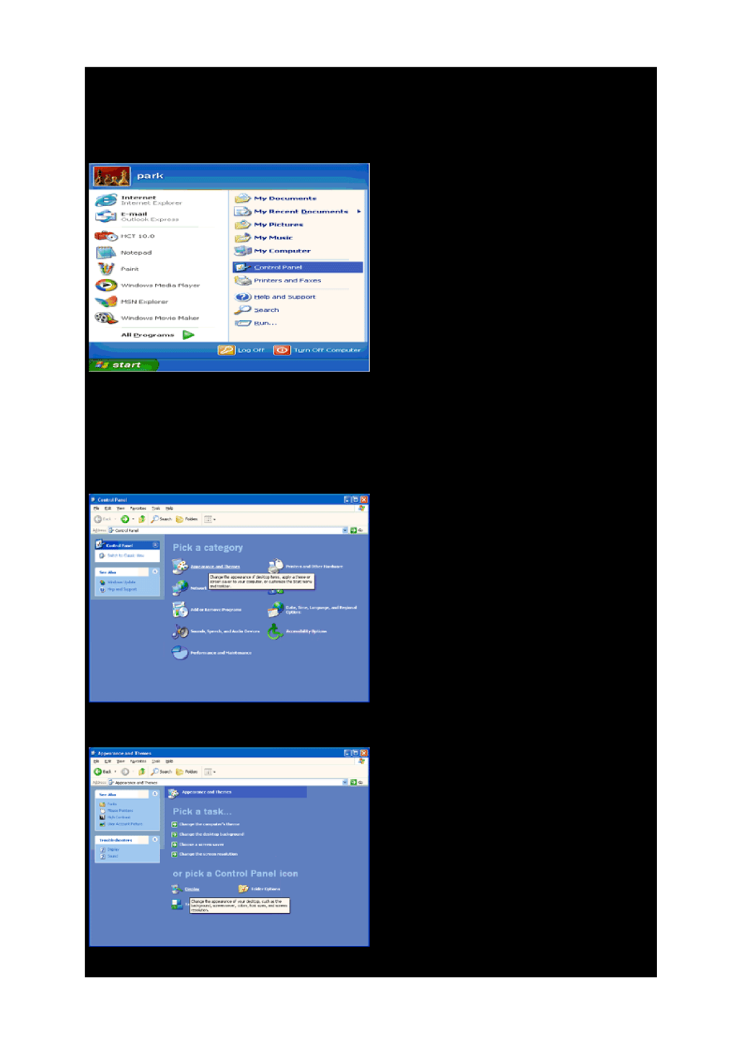 AOC D2267PW, D2367P For Windows XP, Click START, Click SETTINGS 3 Click CONTROL PANEL 4 Click Appearance and Themes 