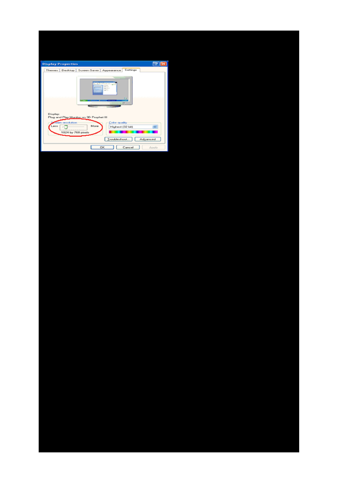 AOC D2267PWH Windows ME/2000, Click SETTINGS, Set the resolution SLIDE-BAR to Optimal preset resolution, Click START 