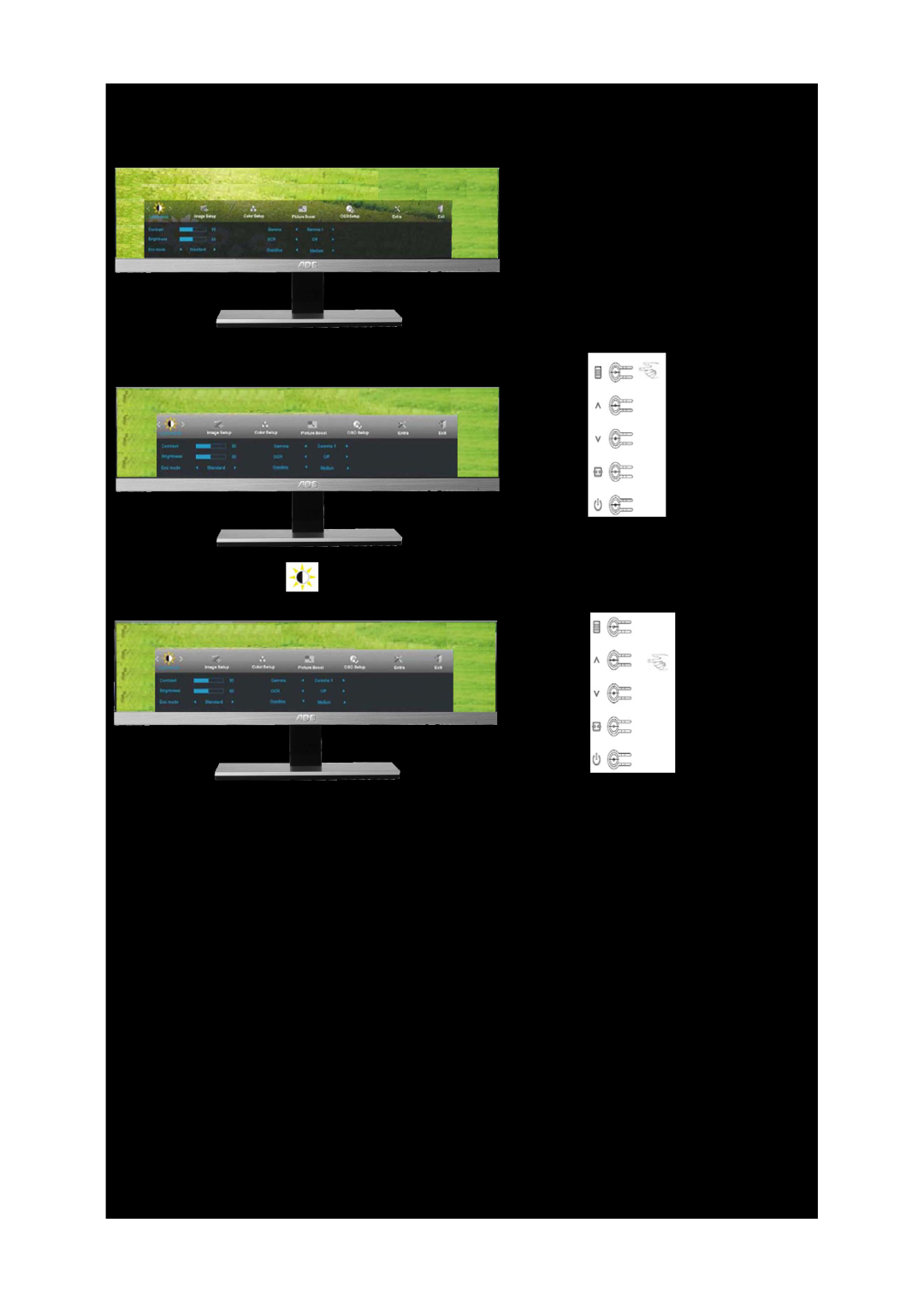 AOC D2267PWH, D2367P Press MENU Menu to display menu, Press ∧or ∨ to select, Luminance, and press MENU to enter 