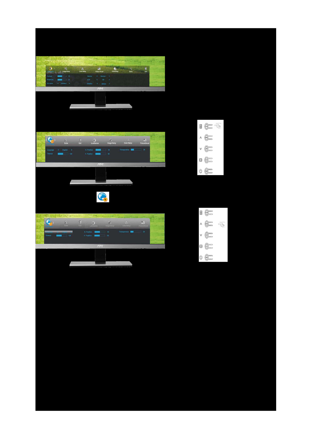 AOC D2267PW, D2367P Press MENU Menu to display menu, Press ∧ or ∨ to select, OSD Setup, and press MENU to enter 
