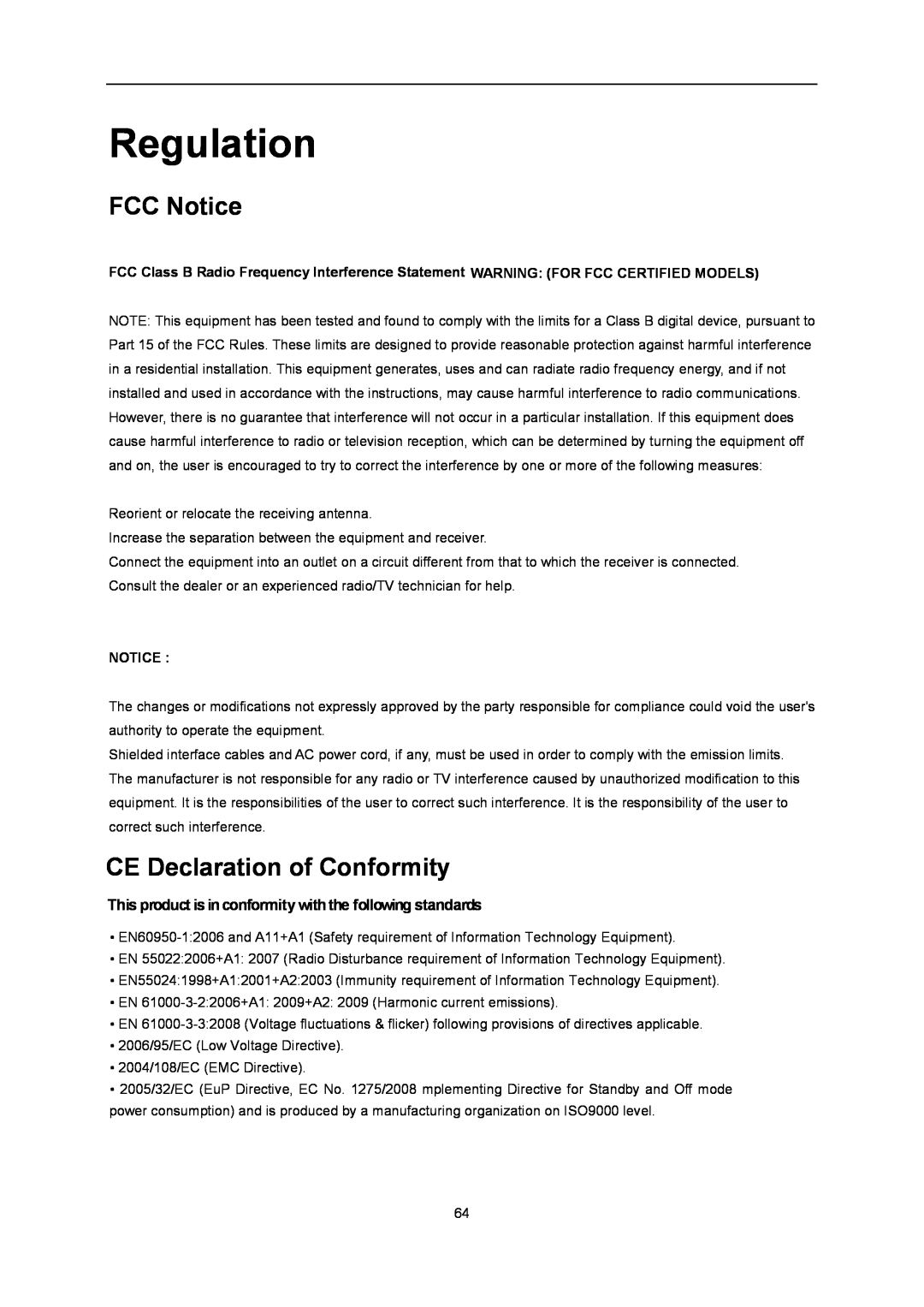 AOC D2367P, D2267PWH user manual Regulation, FCC Notice, CE Declaration of Conformity 