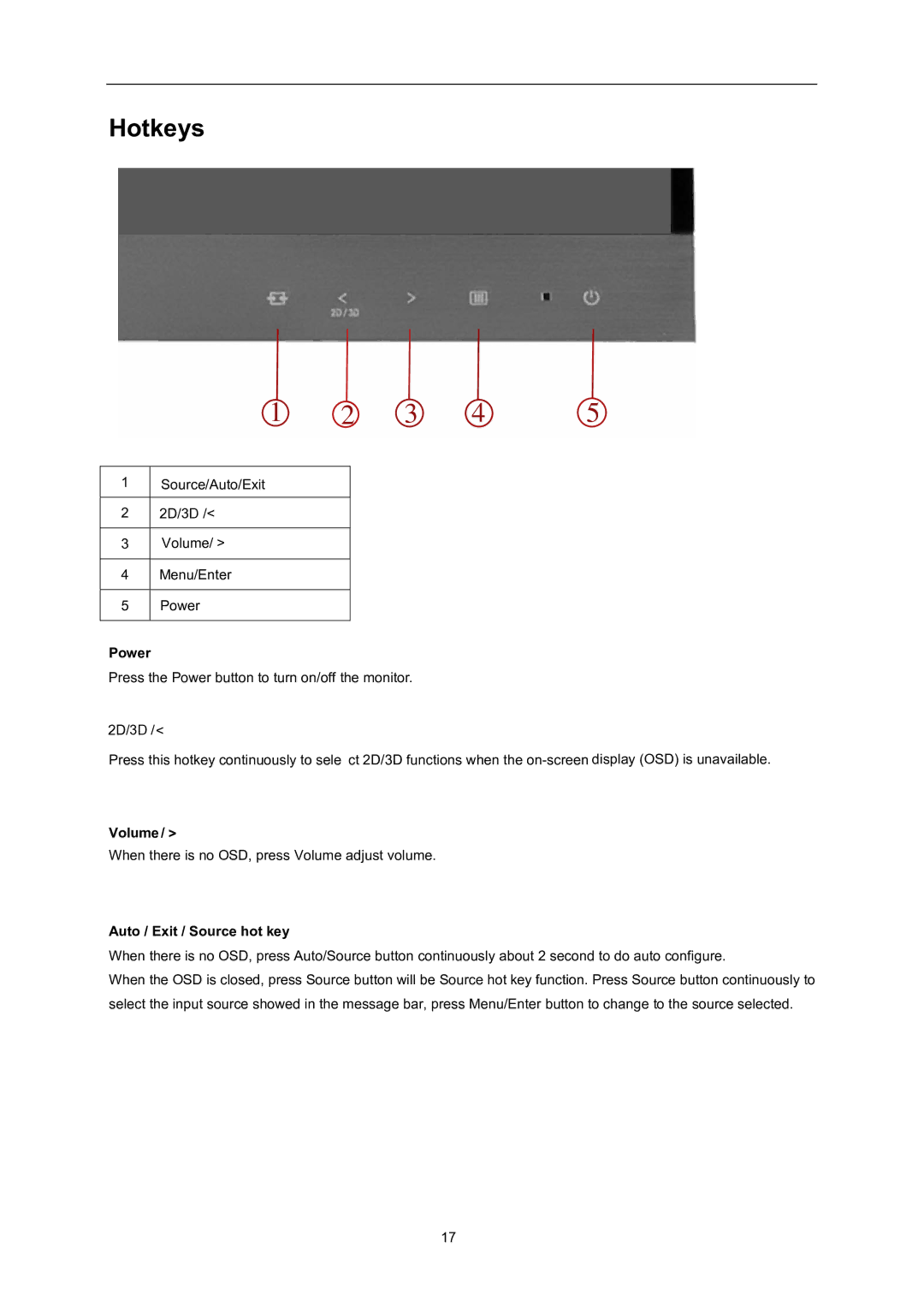 AOC D2757PH user manual Hotkeys, Power 