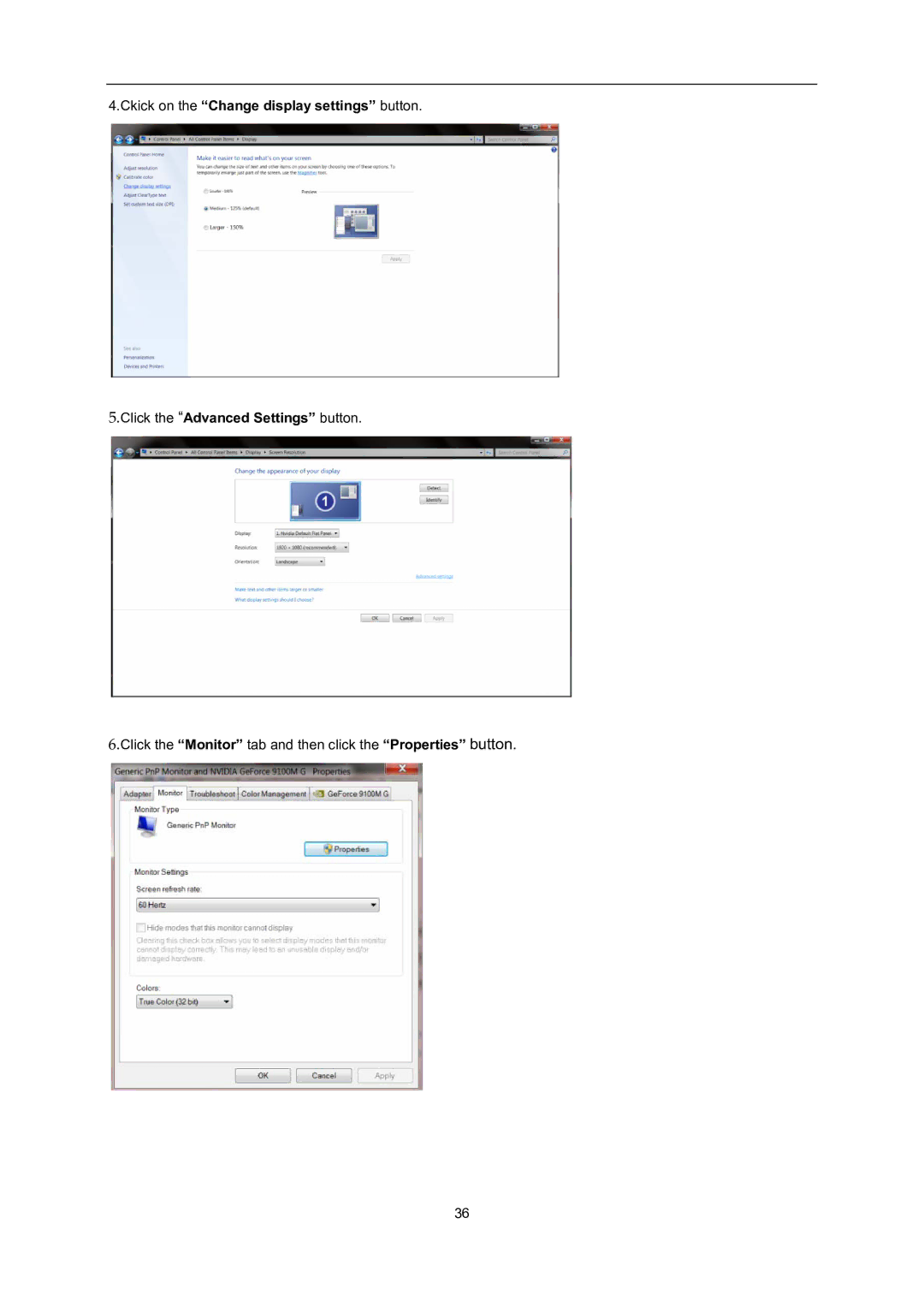 AOC D2757PH user manual Click the Monitor tab and then click the Properties button 