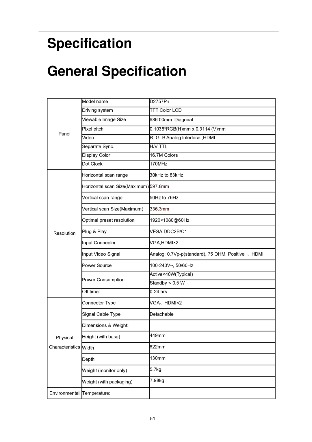 AOC D2757PH user manual Specification General Specification, Ttl 