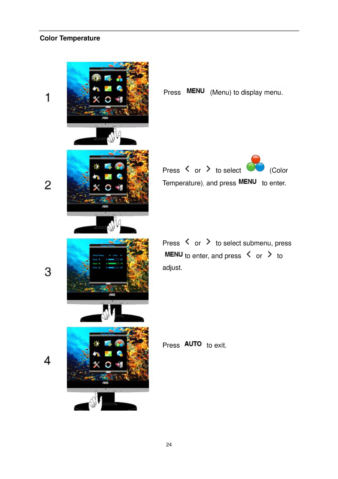 AOC e1620Sw manual Color Temperature 