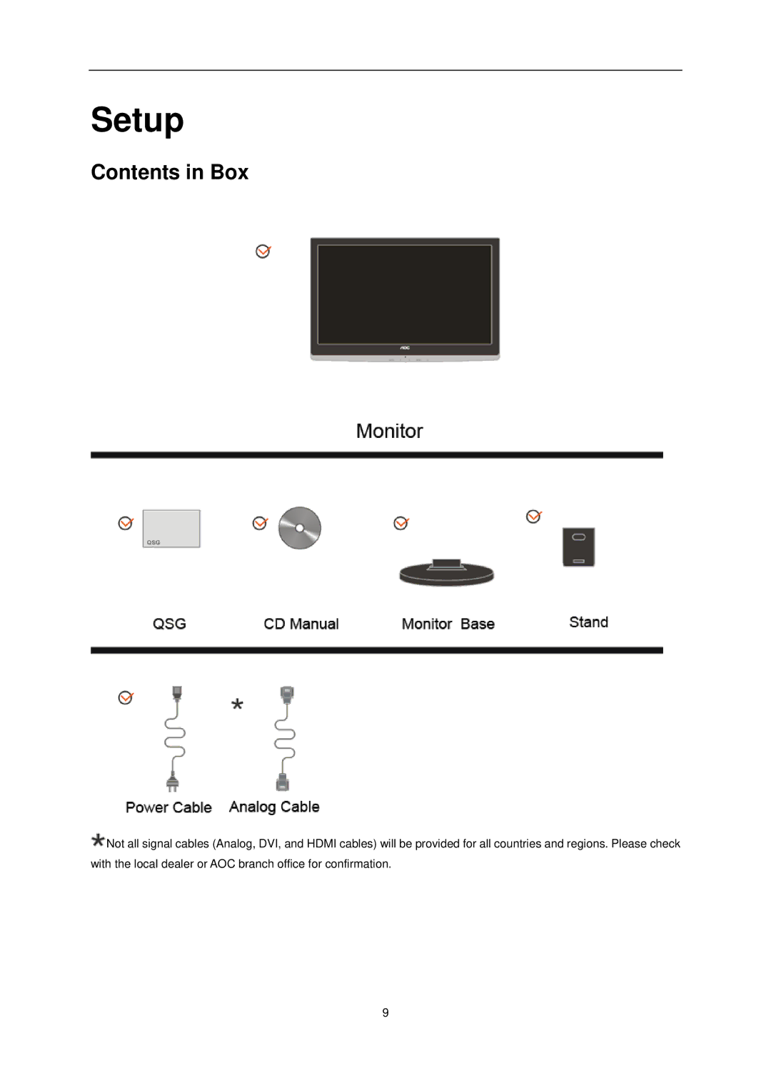 AOC e1620Sw manual Setup, Contents in Box 