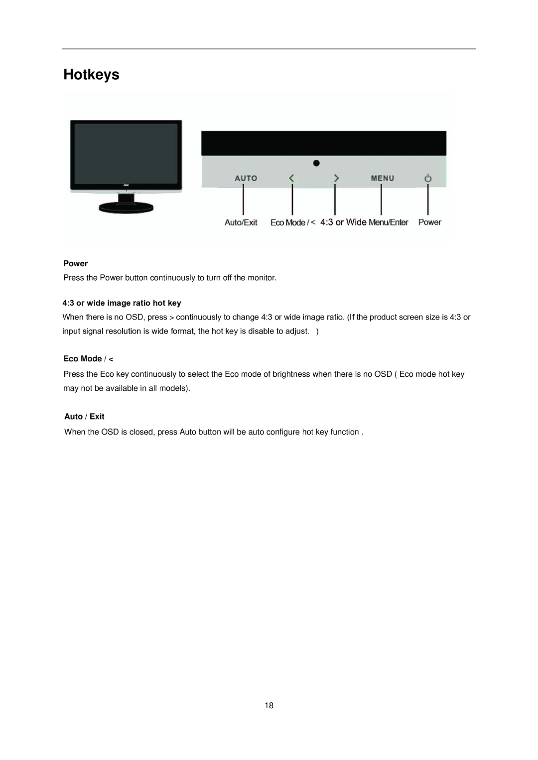 AOC e1620Sw manual Hotkeys, Power, Or wide image ratio hot key, Eco Mode, Auto / Exit 