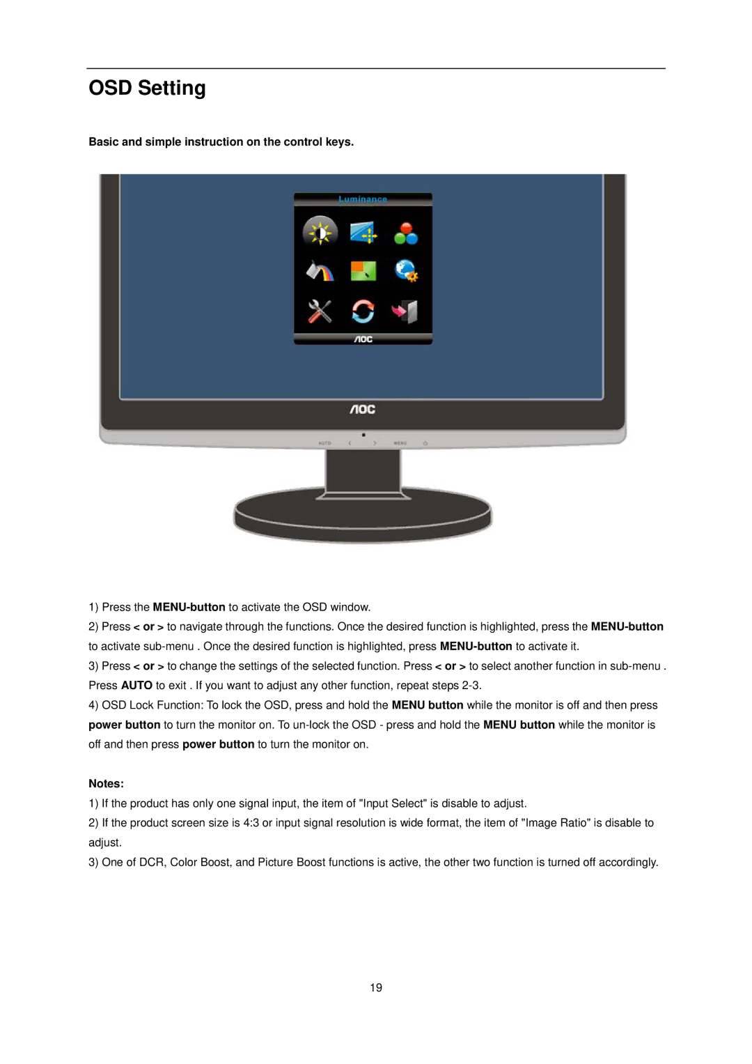 AOC e1620Sw manual OSD Setting, Basic and simple instruction on the control keys 