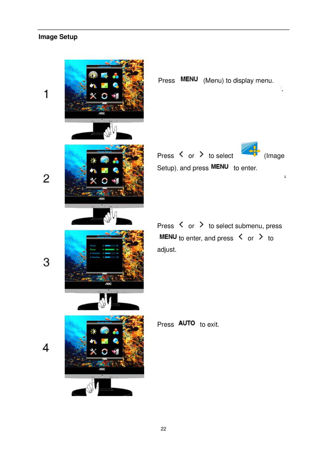 AOC e1620Sw manual Image Setup, Press +/- select, Menu to enter 