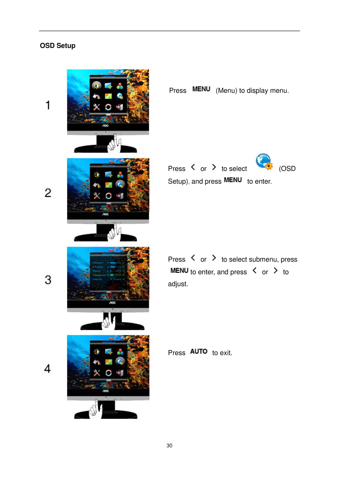 AOC e1620Sw manual OSD Setup, Osd 