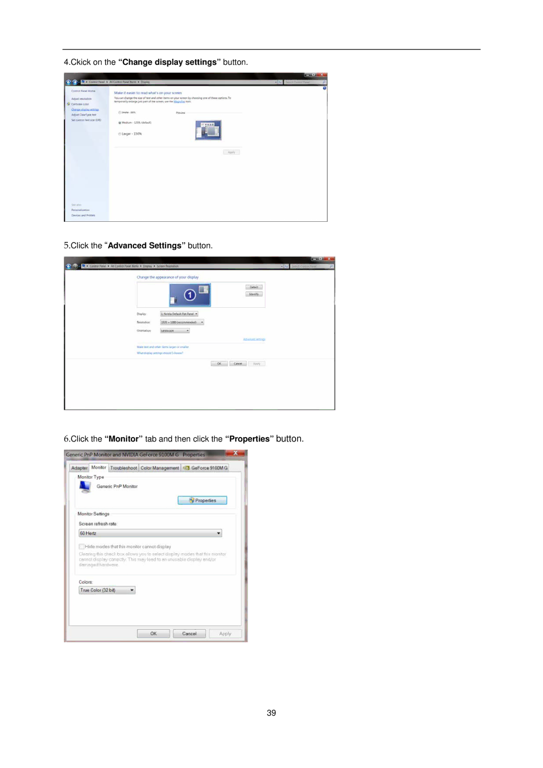 AOC e1620Sw manual Click the Monitor tab and then click the Properties button 