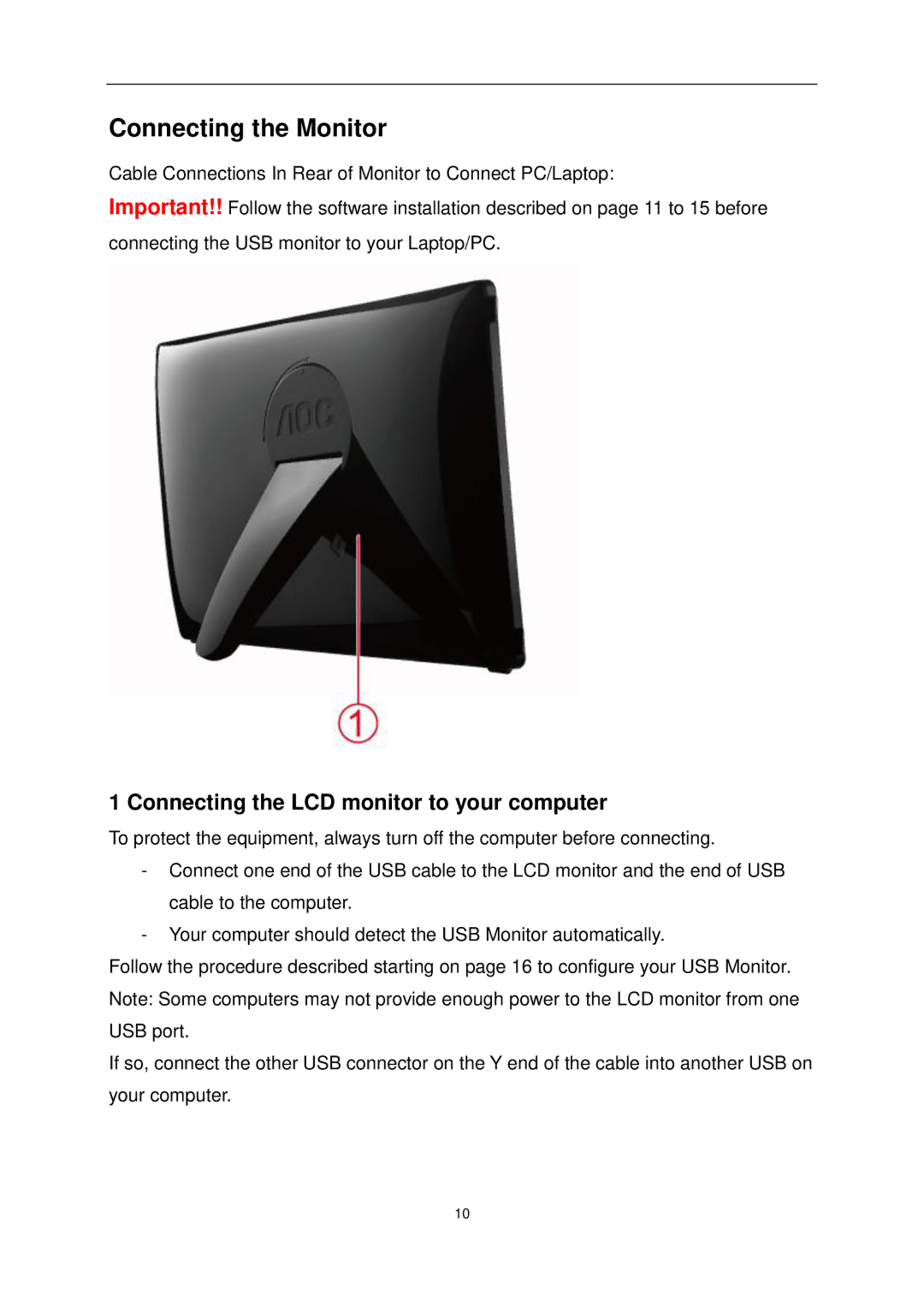 AOC E1649FWU user manual Connecting the Monitor, Connecting the LCD monitor to your computer 