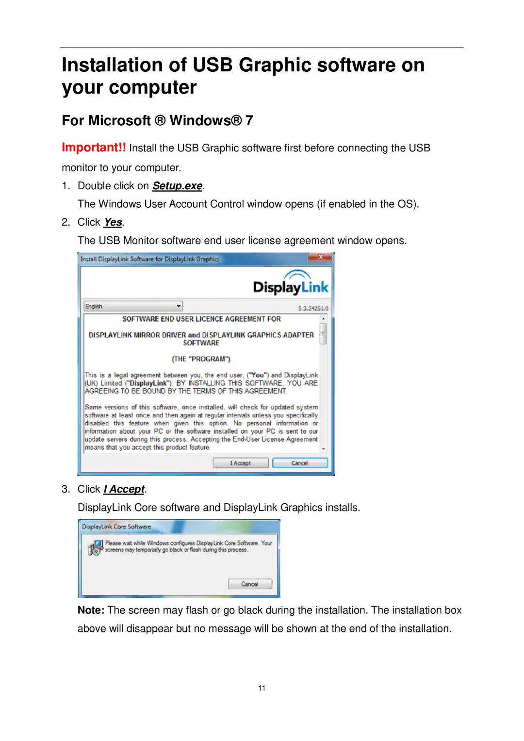 AOC E1649FWU user manual Installation of USB Graphic software on your computer, For Microsoft Windows 