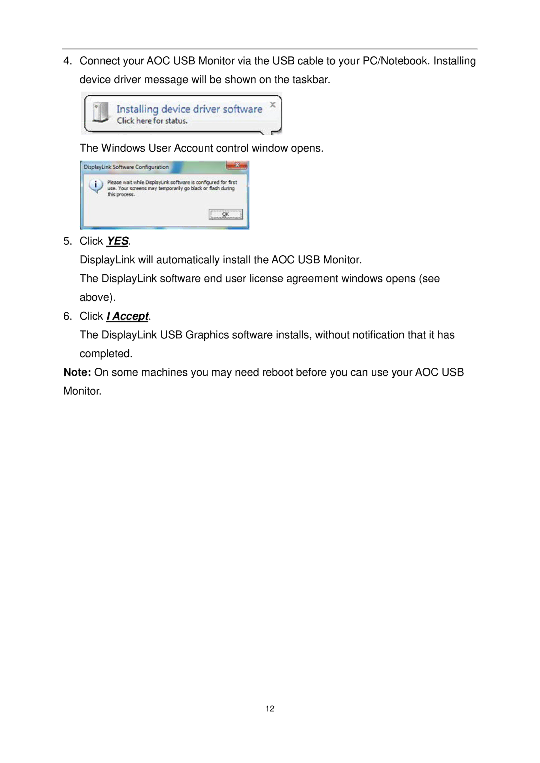 AOC E1649FWU user manual Click I Accept 