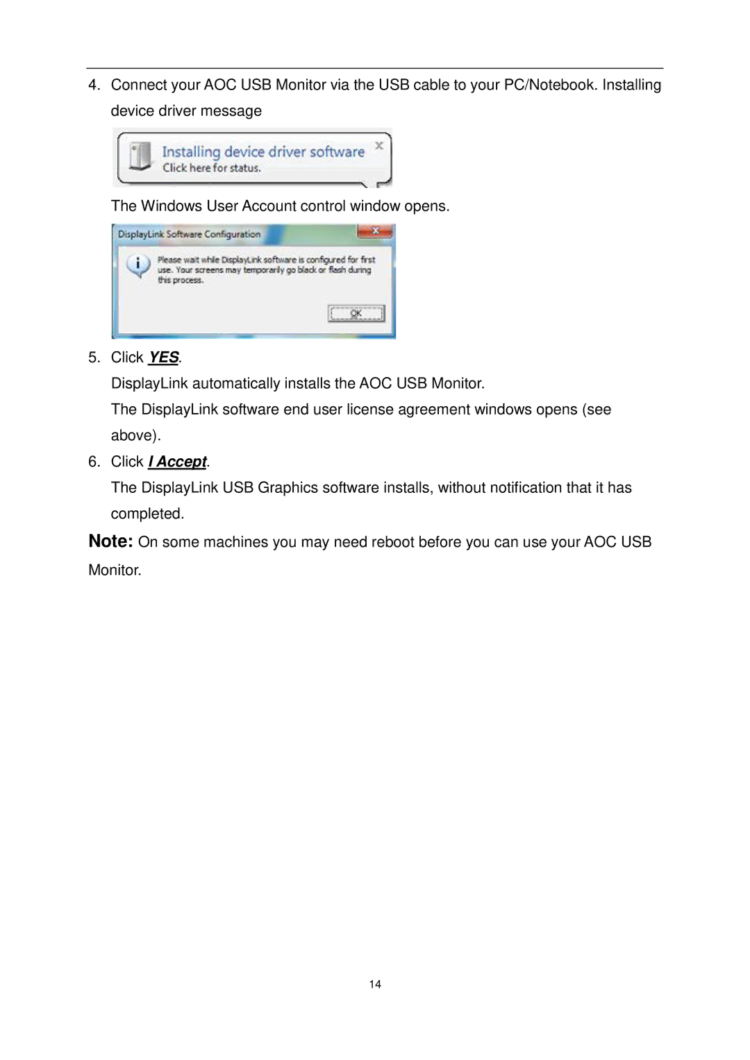 AOC E1649FWU user manual Click I Accept 