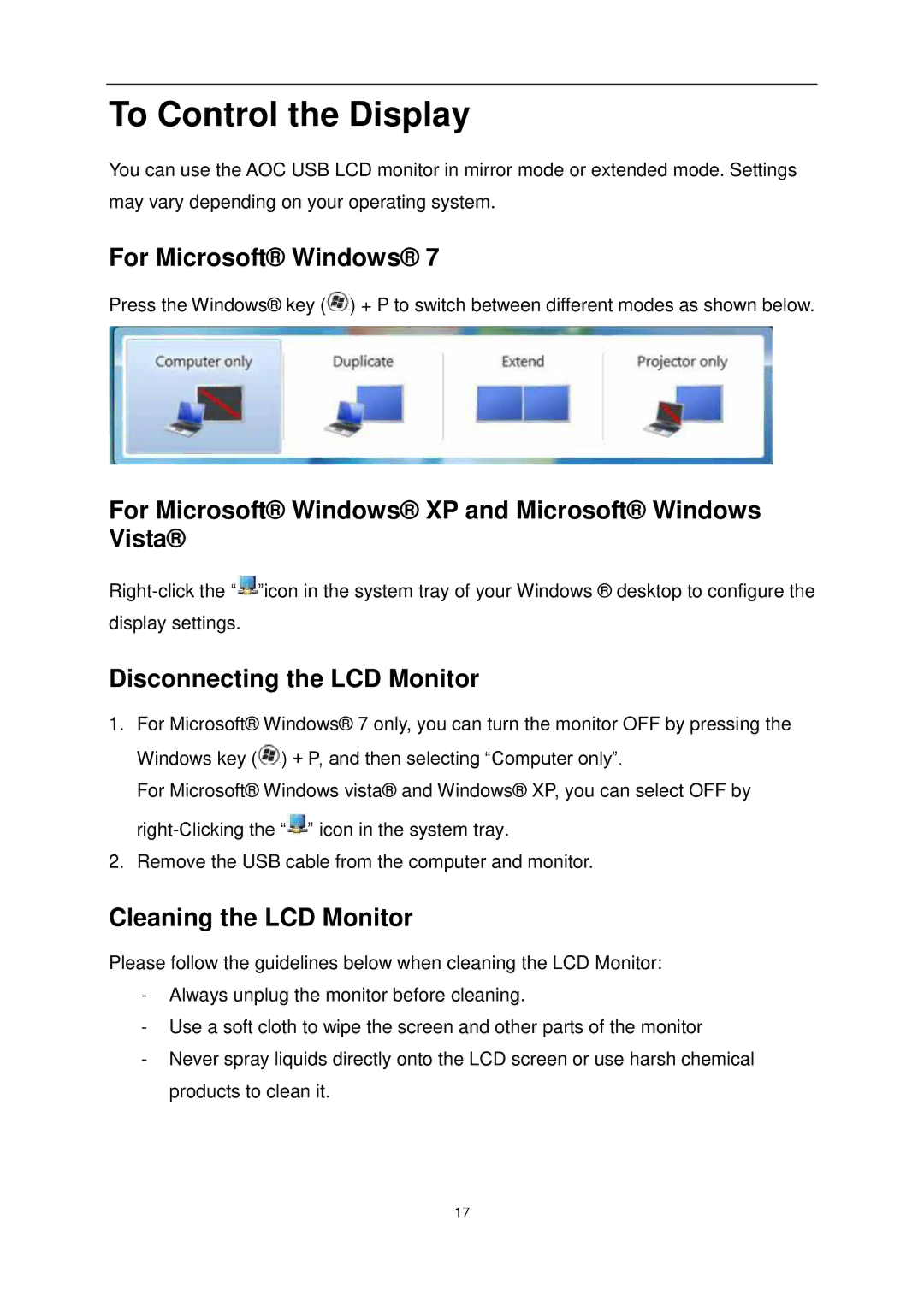 AOC E1649FWU To Control the Display, For Microsoft Windows XP and Microsoft Windows Vista, Disconnecting the LCD Monitor 