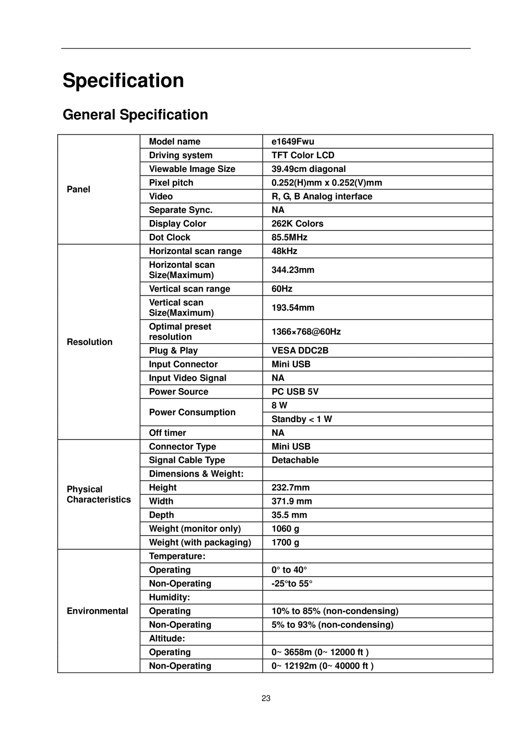 AOC E1649FWU user manual General Specification 