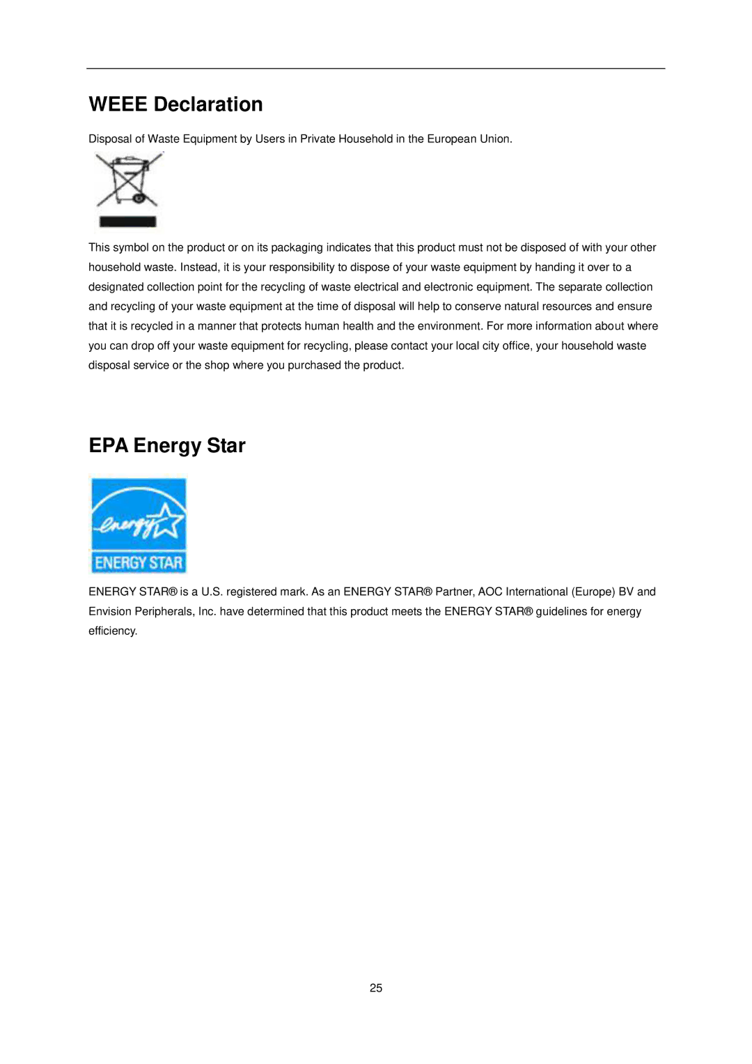 AOC E1649FWU user manual Weee Declaration, EPA Energy Star 