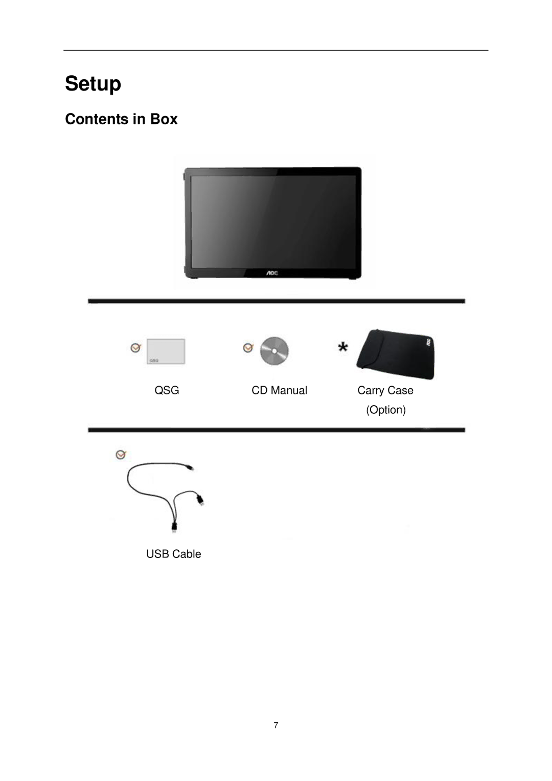 AOC E1649FWU user manual Setup, Contents in Box 