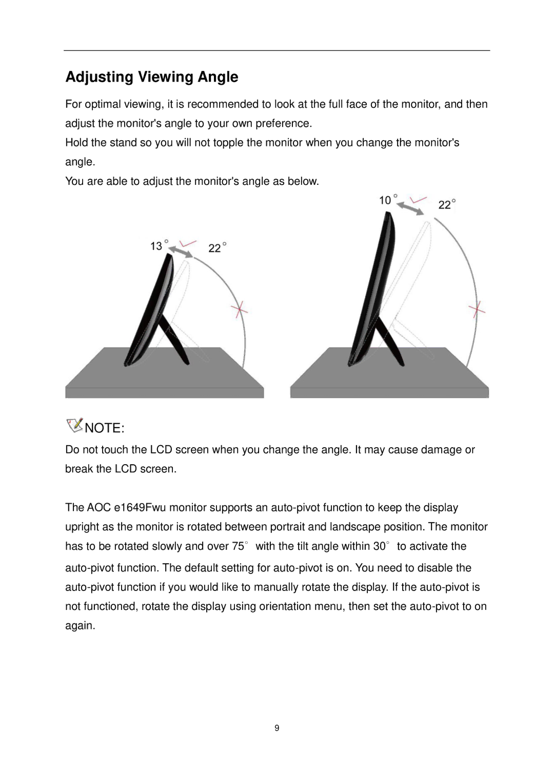 AOC E1649FWU user manual Adjusting Viewing Angle 