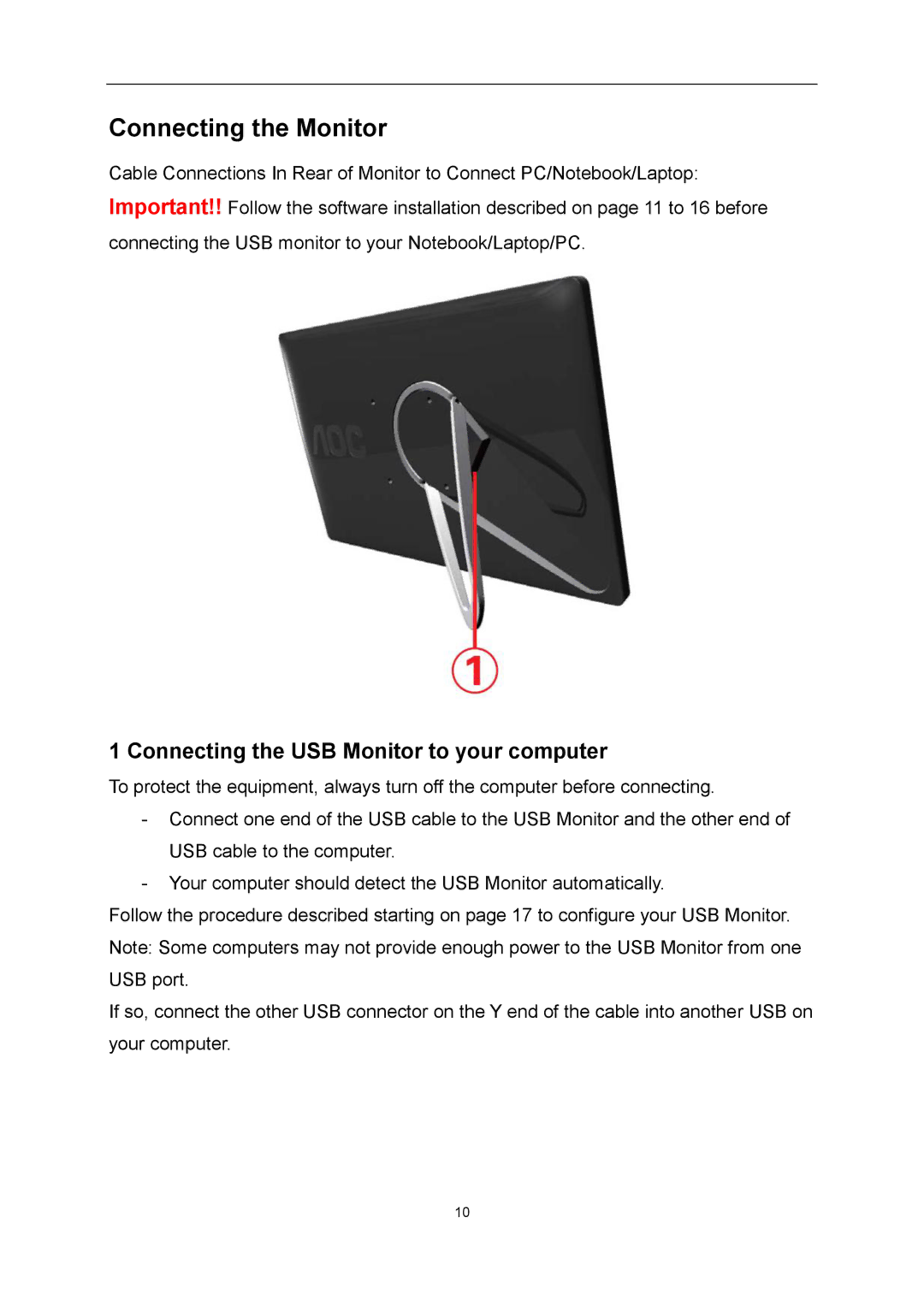 AOC E1659FWU user manual Connecting the Monitor, Connecting the USB Monitor to your computer 