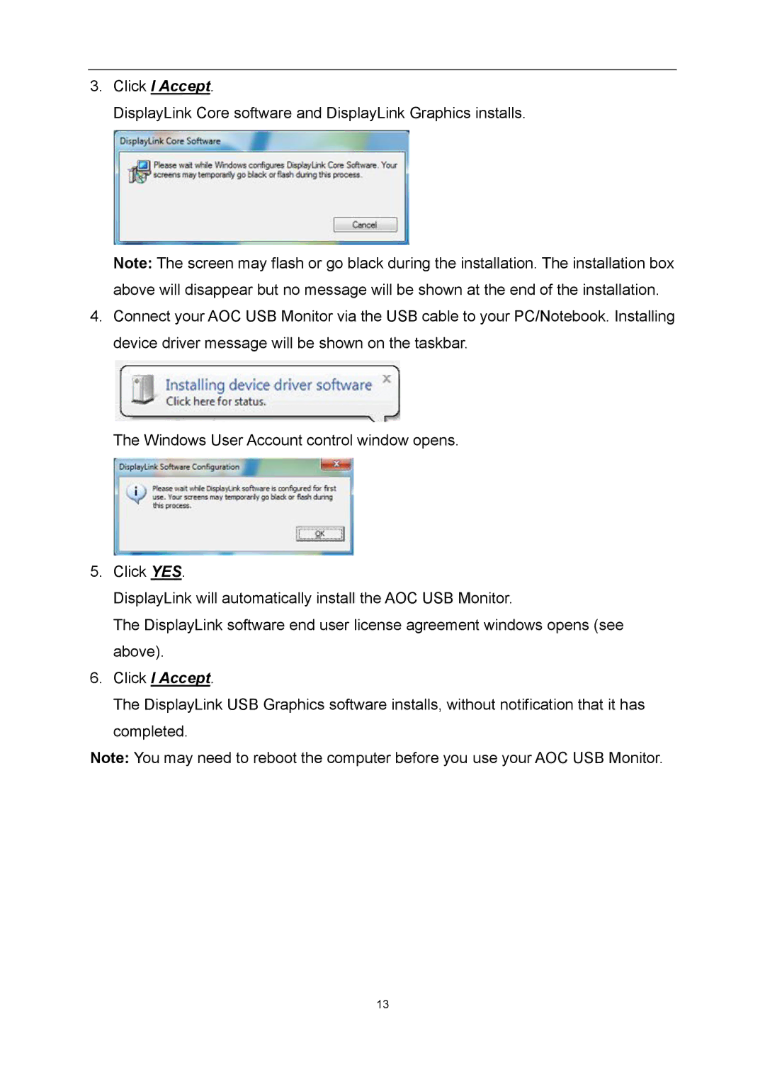 AOC E1659FWU user manual Click I Accept 