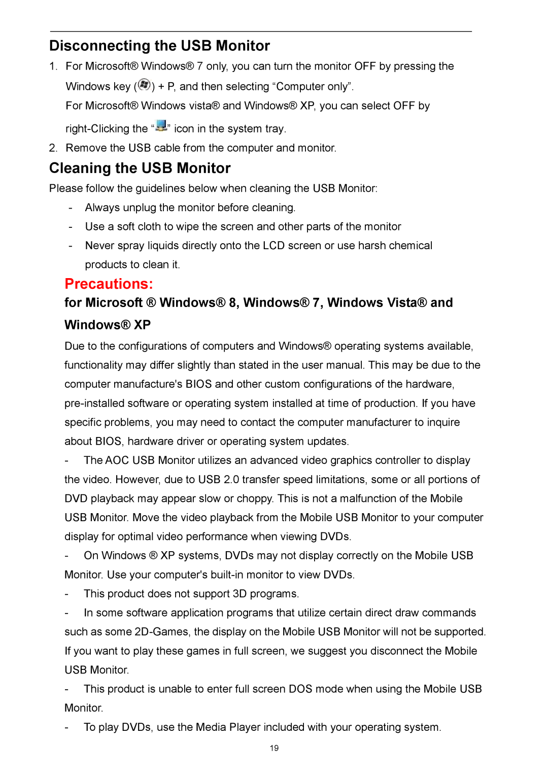 AOC E1659FWU user manual Disconnecting the USB Monitor, Cleaning the USB Monitor 