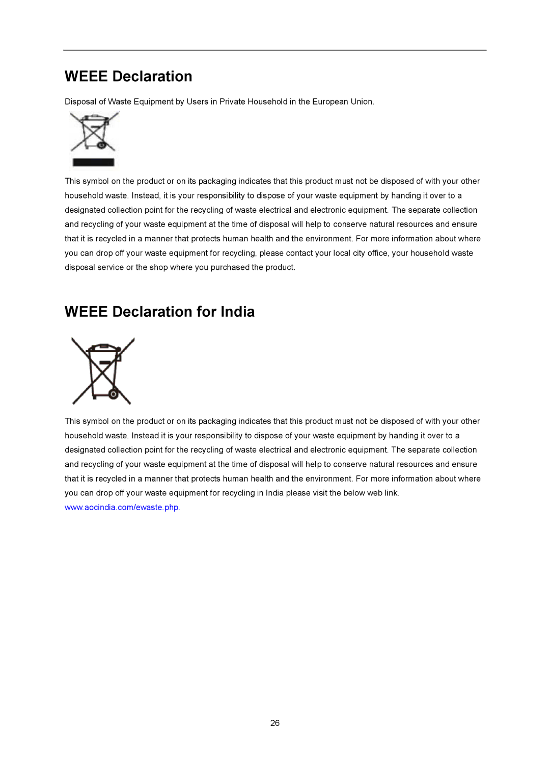 AOC E1659FWU user manual Weee Declaration for India 