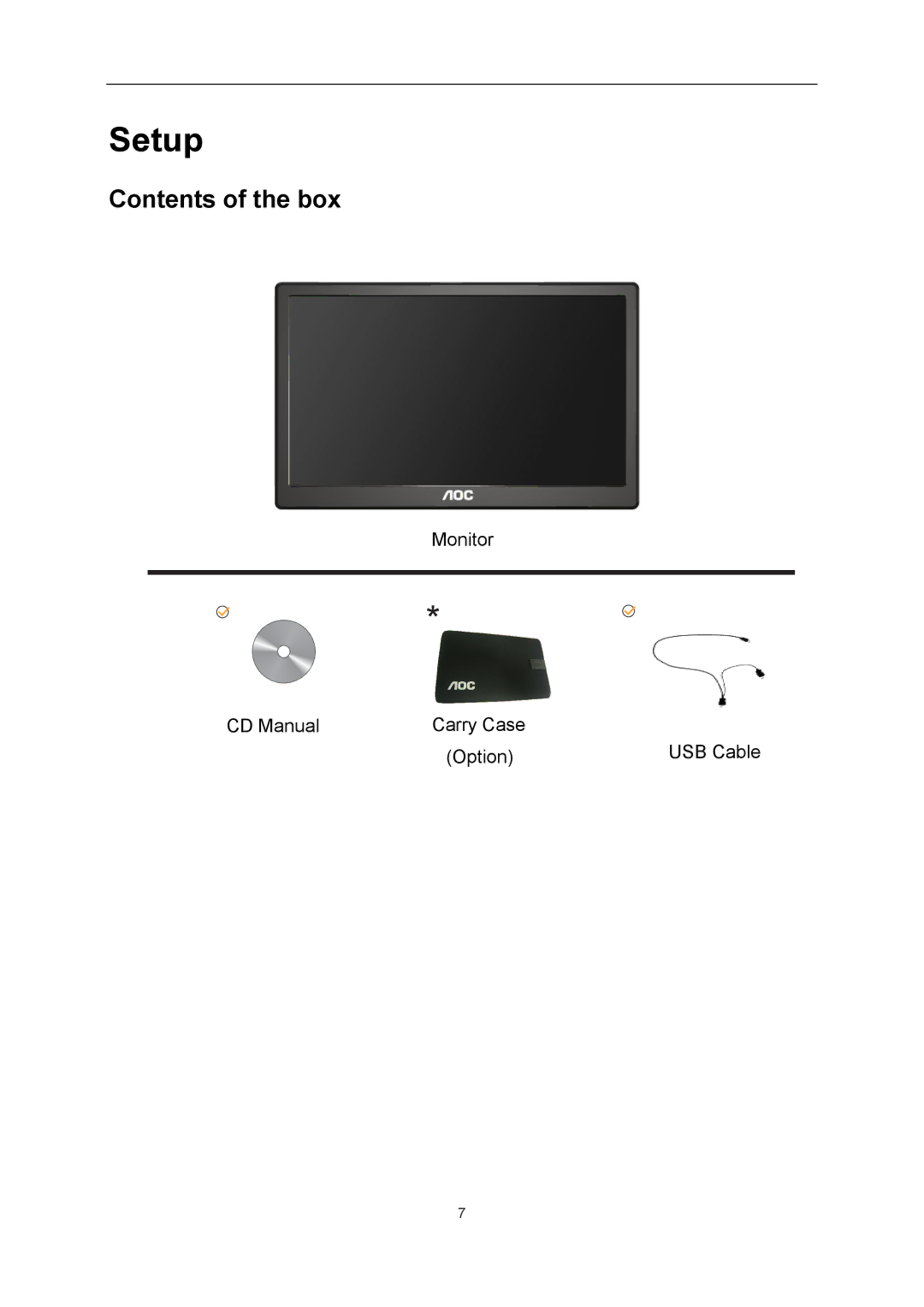 AOC E1659FWU user manual Setup, Contents of the box 