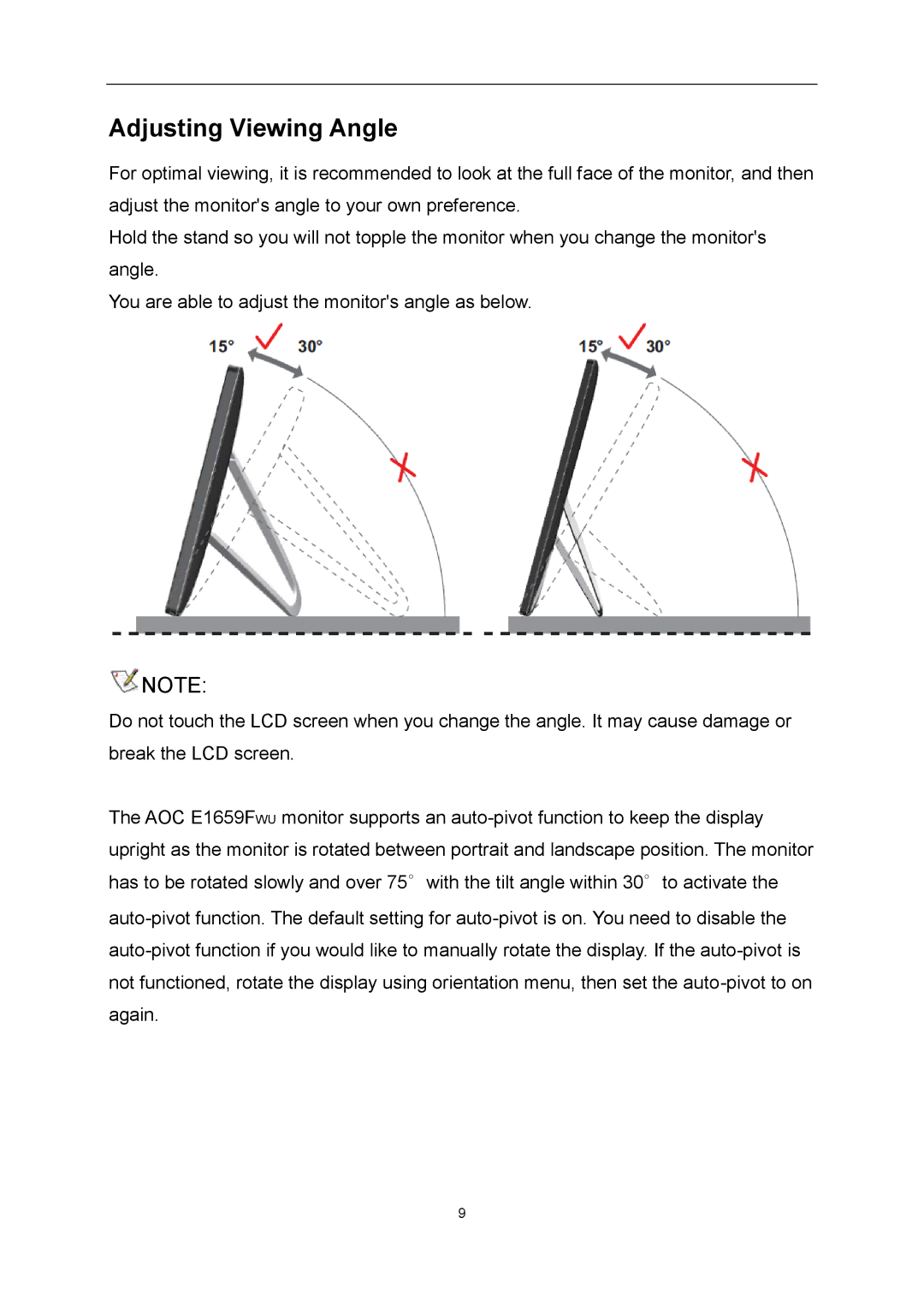 AOC E1659FWU user manual Adjusting Viewing Angle 