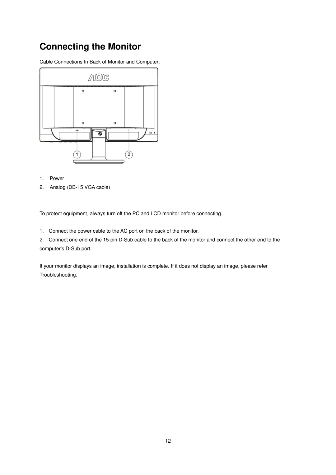 AOC E1660Sw manual Connecting the Monitor 