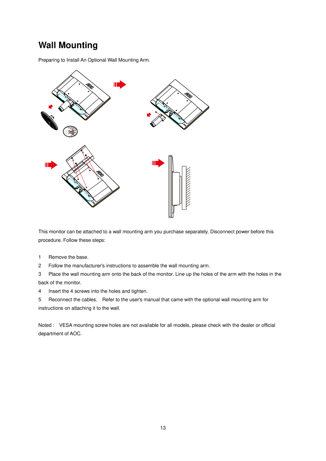 AOC E1660Sw manual Wall Mounting 