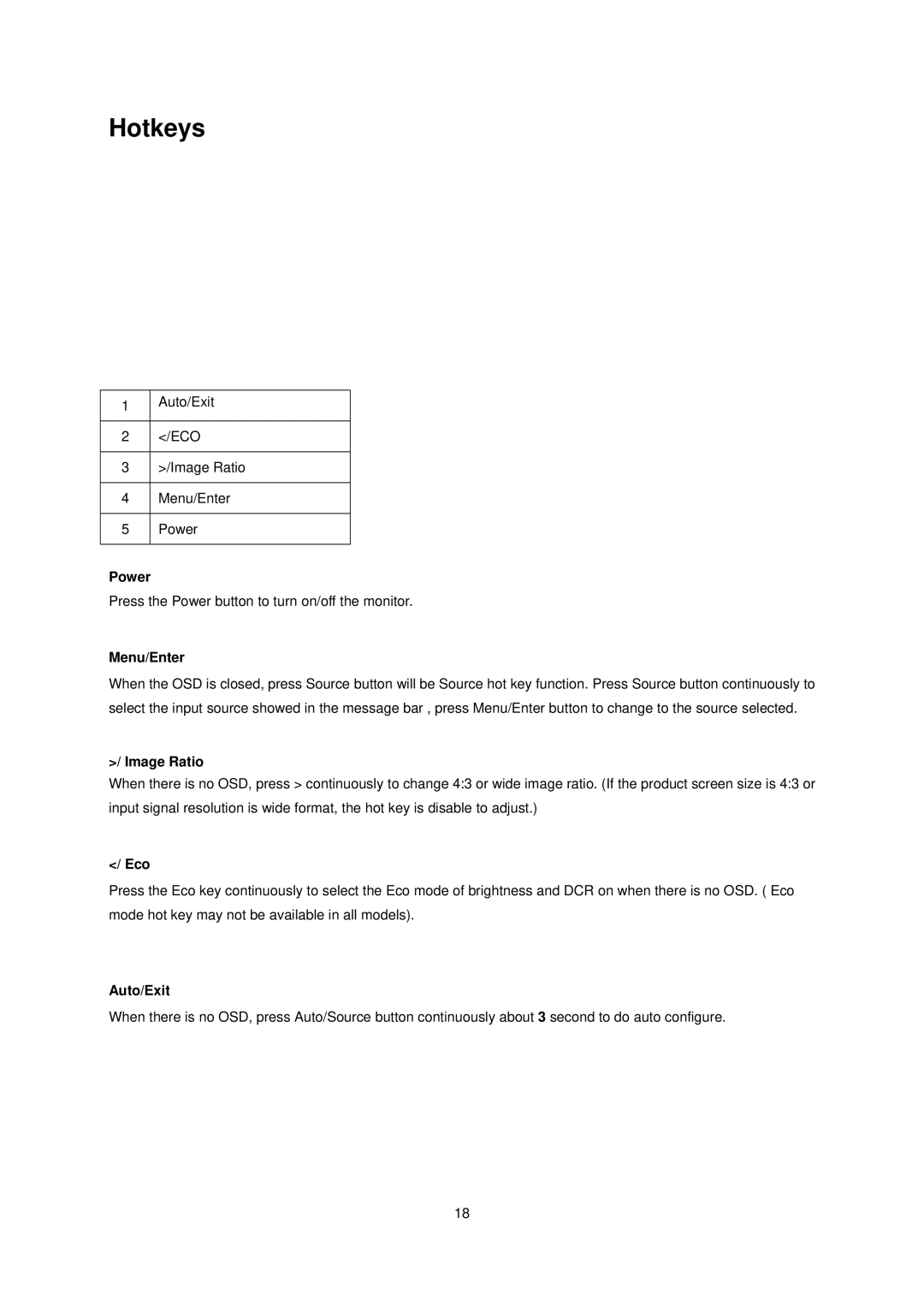 AOC E1660Sw manual Hotkeys, Menu/Enter 