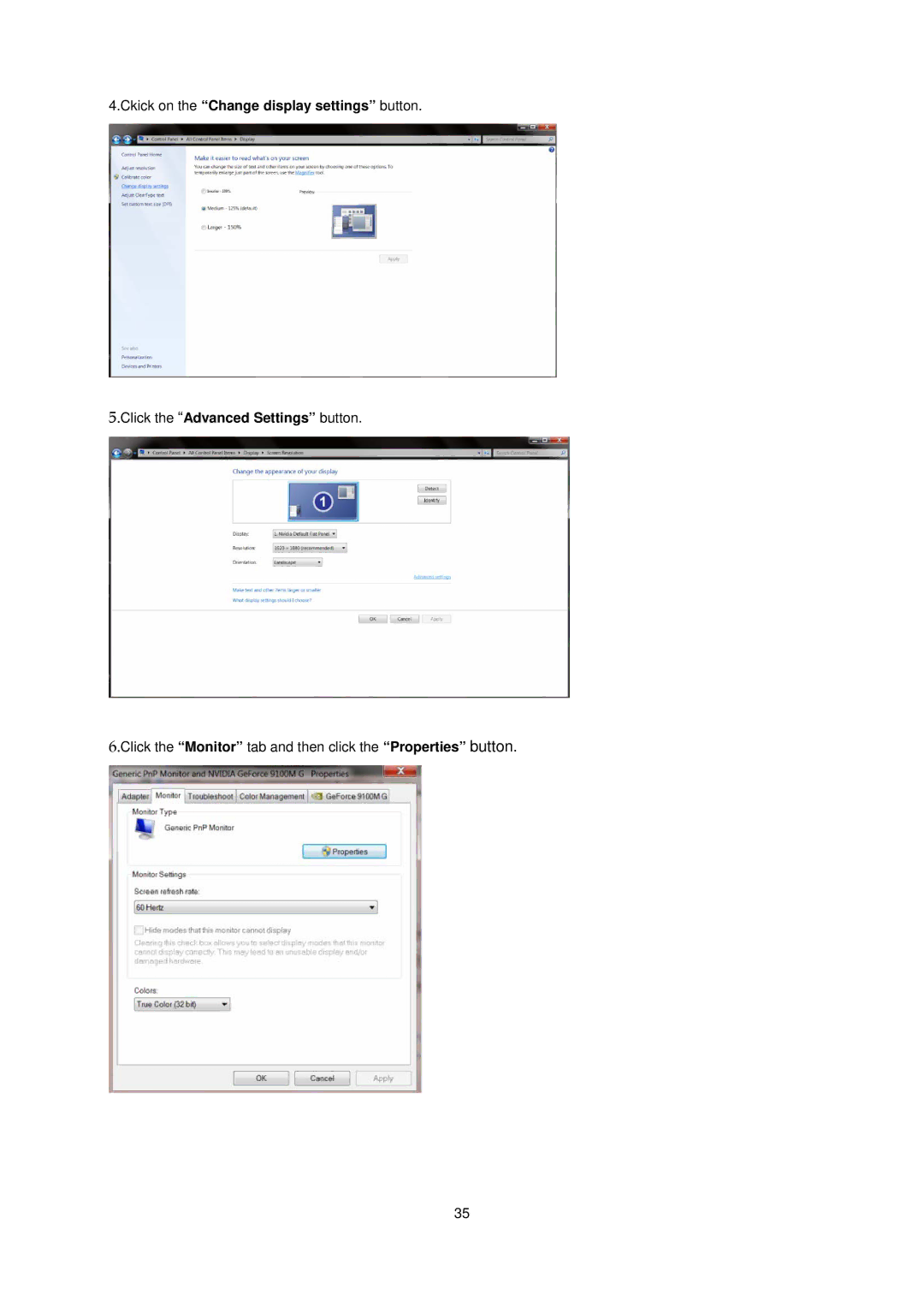 AOC E1660Sw manual Click the Monitor tab and then click the Properties button 