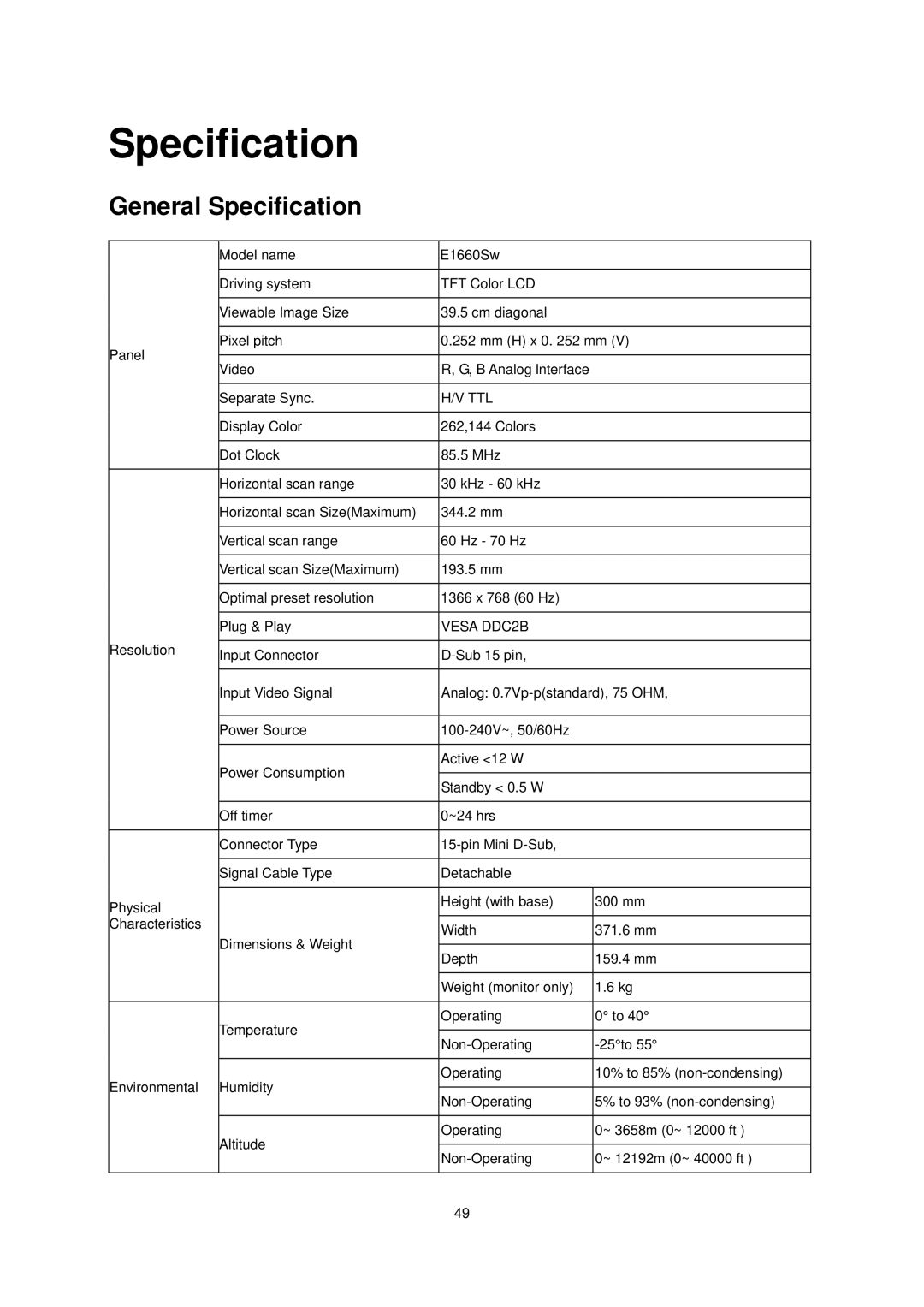 AOC E1660Sw manual General Specification 