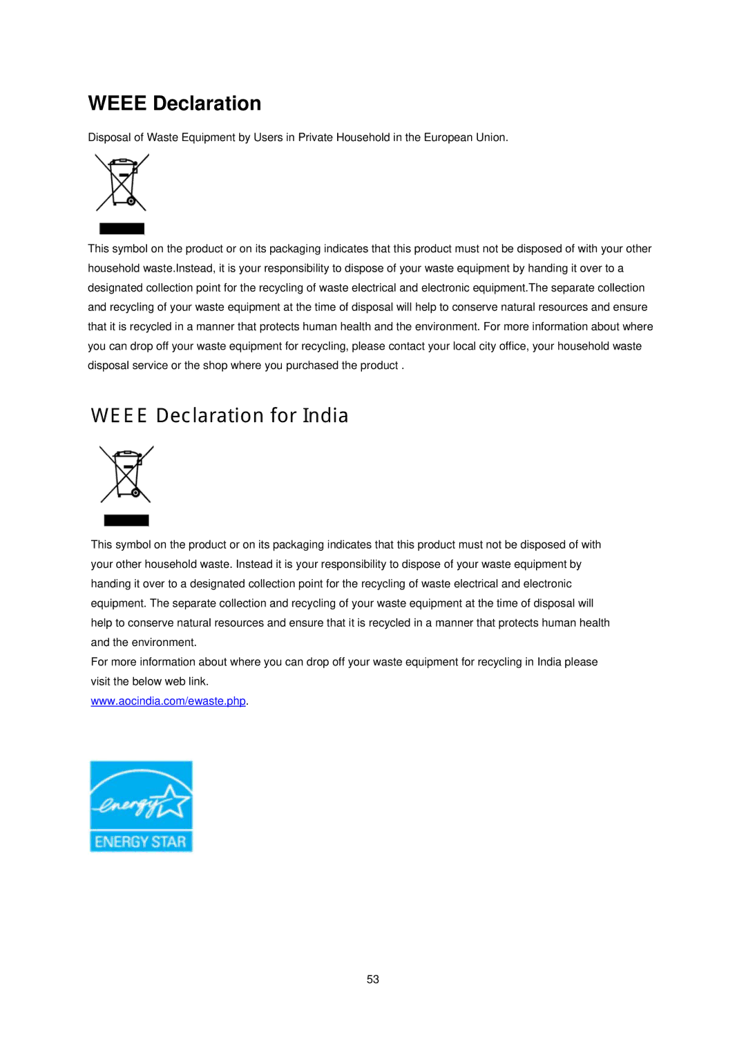 AOC E1660Sw manual Weee Declaration IRU,QGLD 