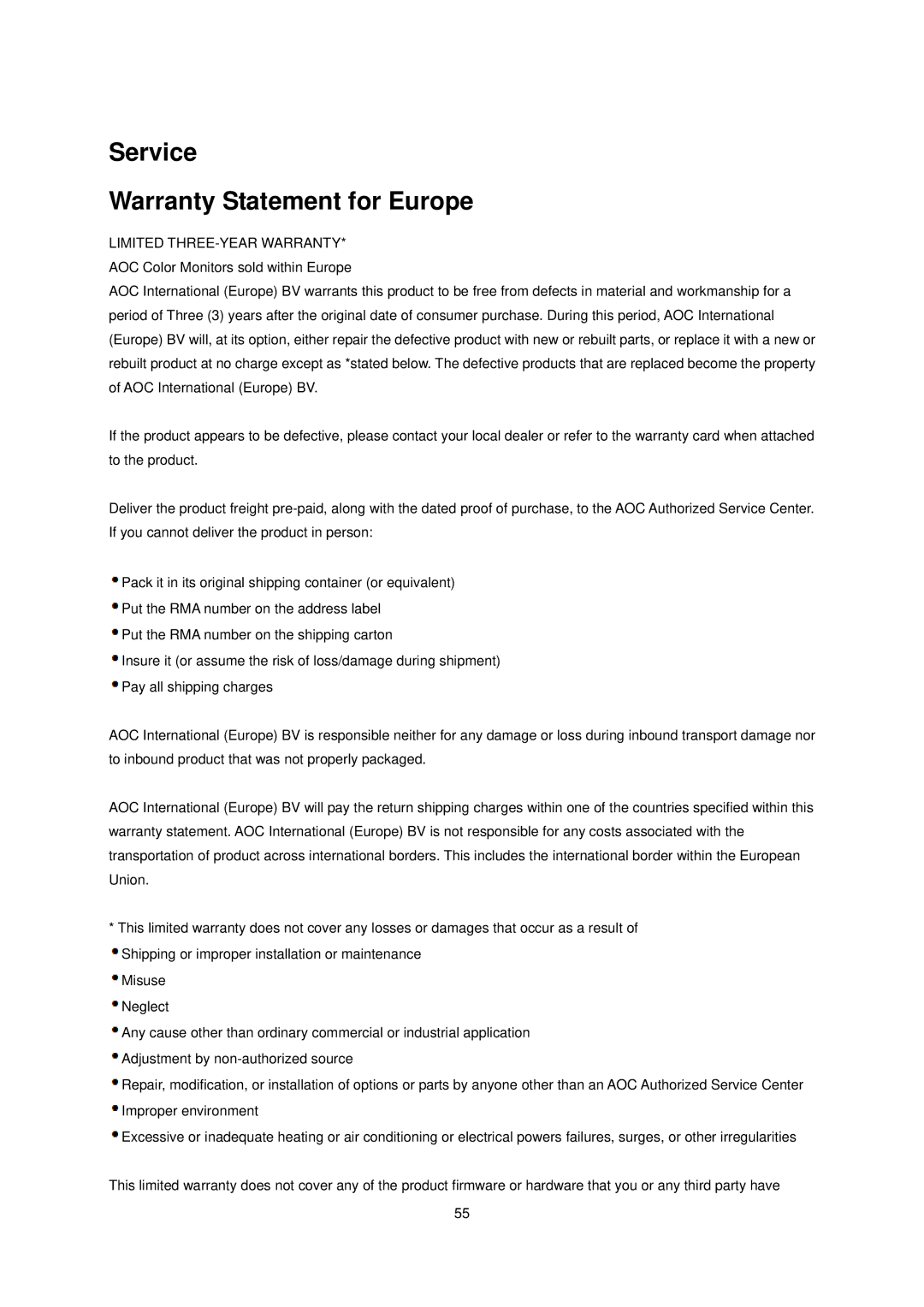 AOC E1660Sw manual Service Warranty Statement for Europe 