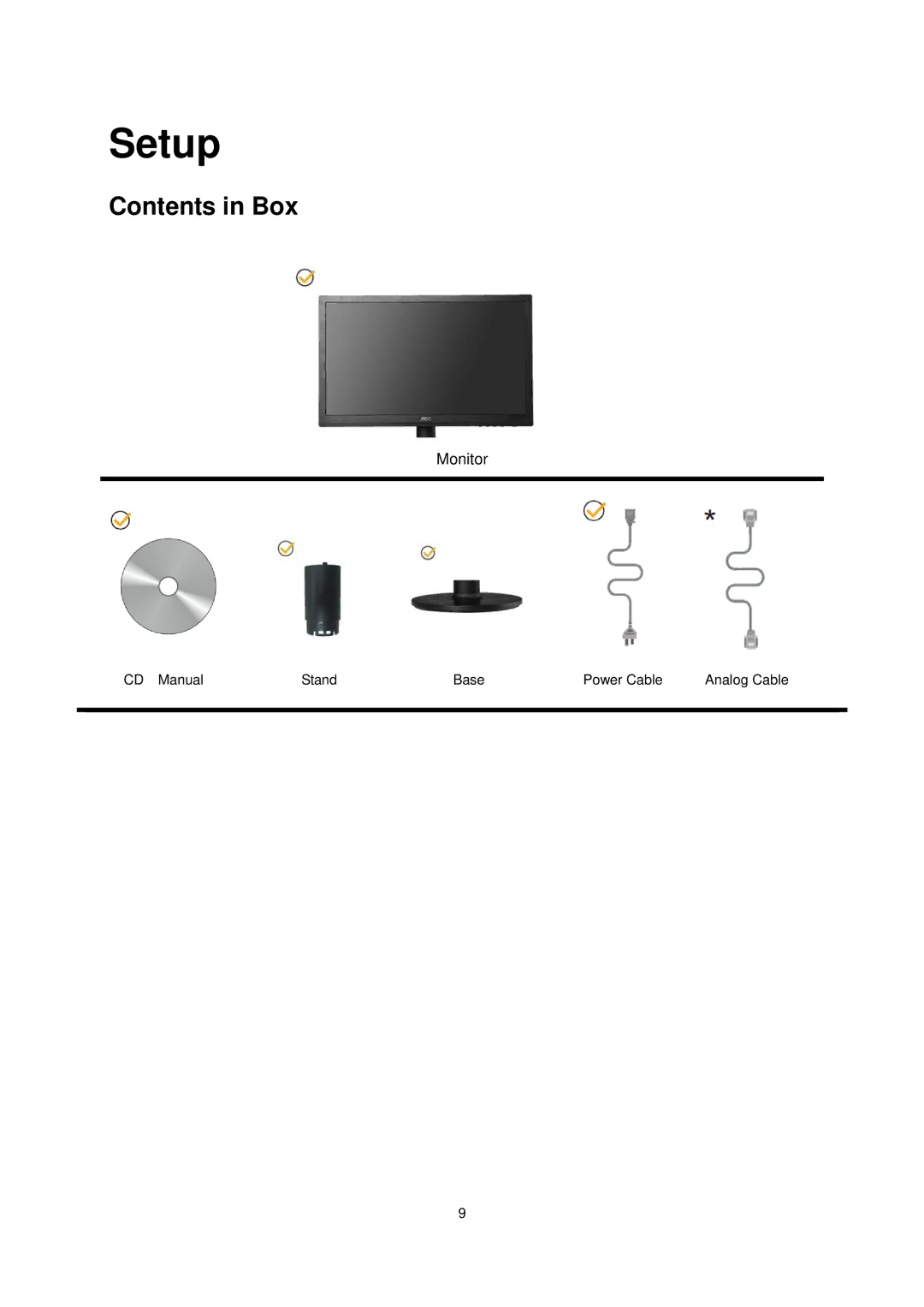 AOC E1660Sw manual Setup, Contents in Box 