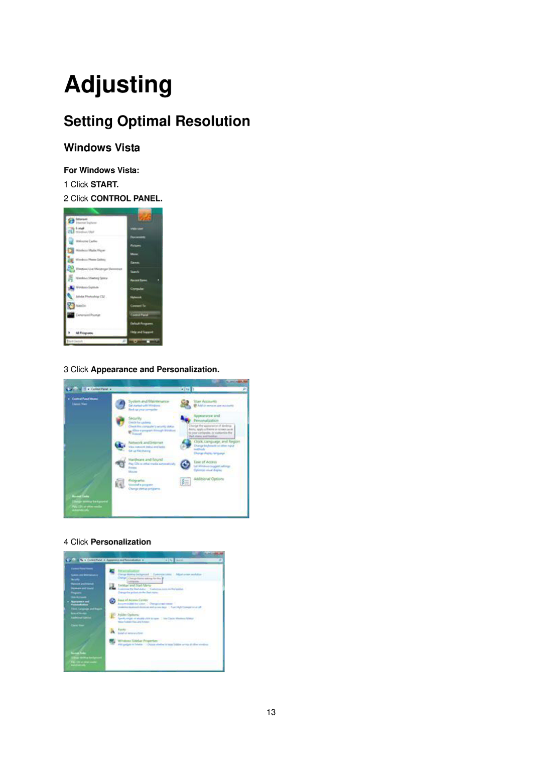 AOC e2040S manual Adjusting, Setting Optimal Resolution, For Windows Vista 