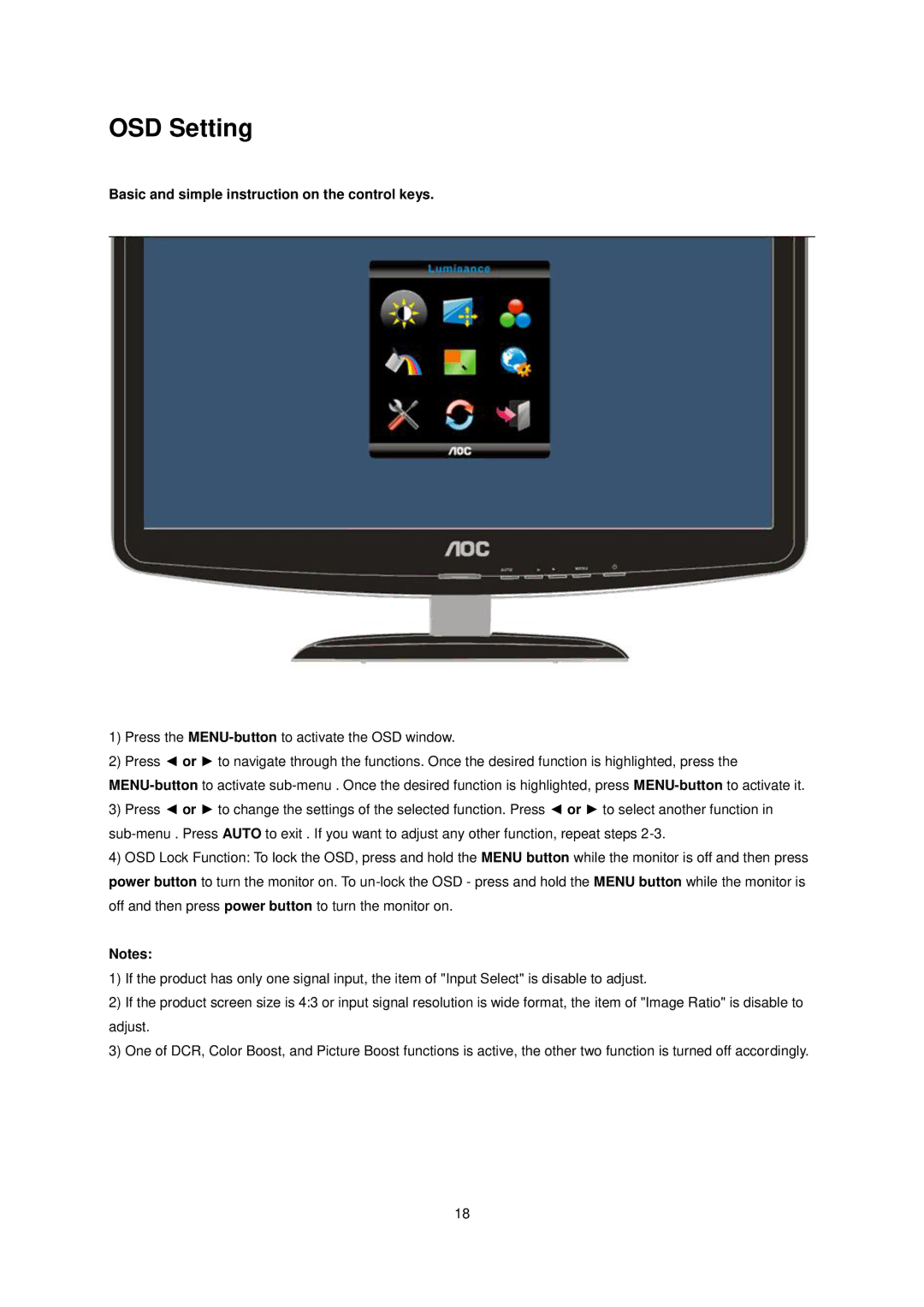 AOC e2040S manual OSD Setting, Basic and simple instruction on the control keys 