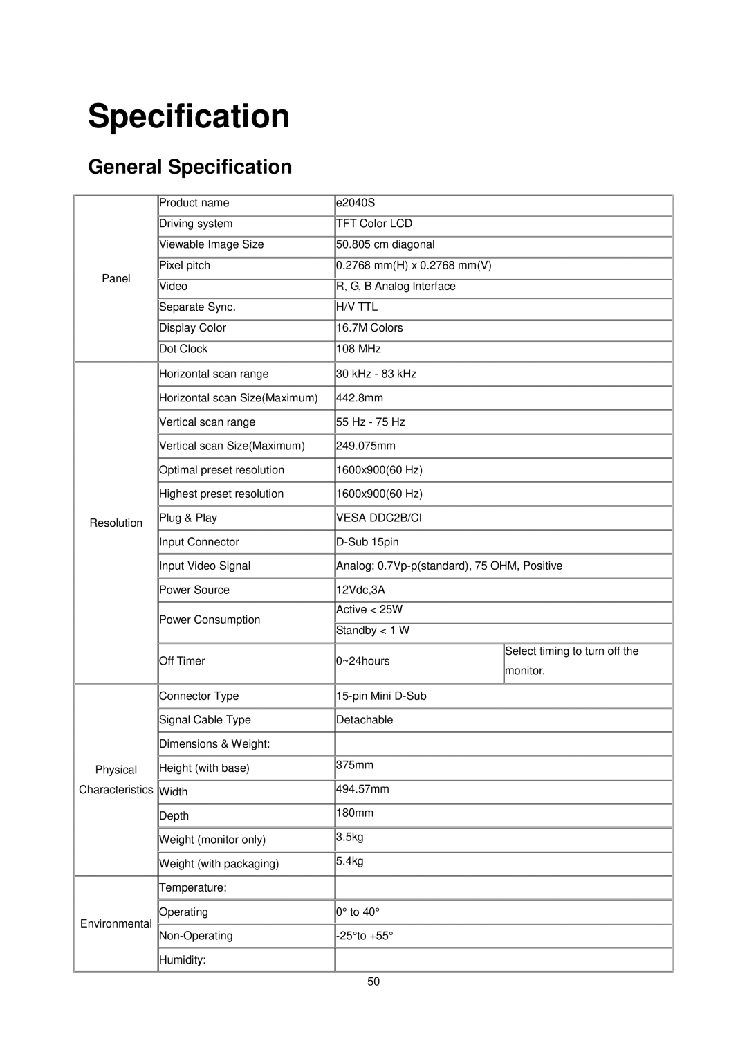 AOC e2040S manual General Specification 